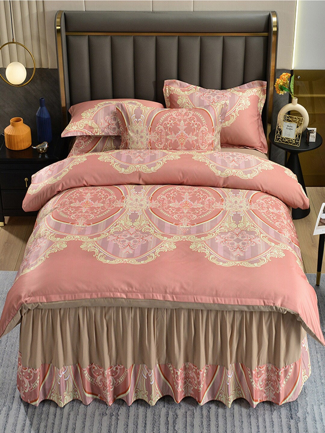 

JC Collection Brown & Peach Coloured Printed Double Queen Bedding Set With Comforter