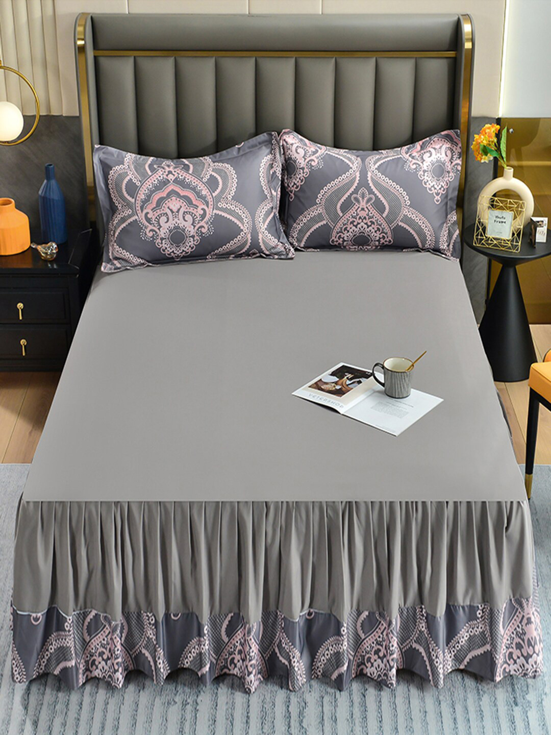 

JC Collection Grey & Pink Printed Double King Bedding Set