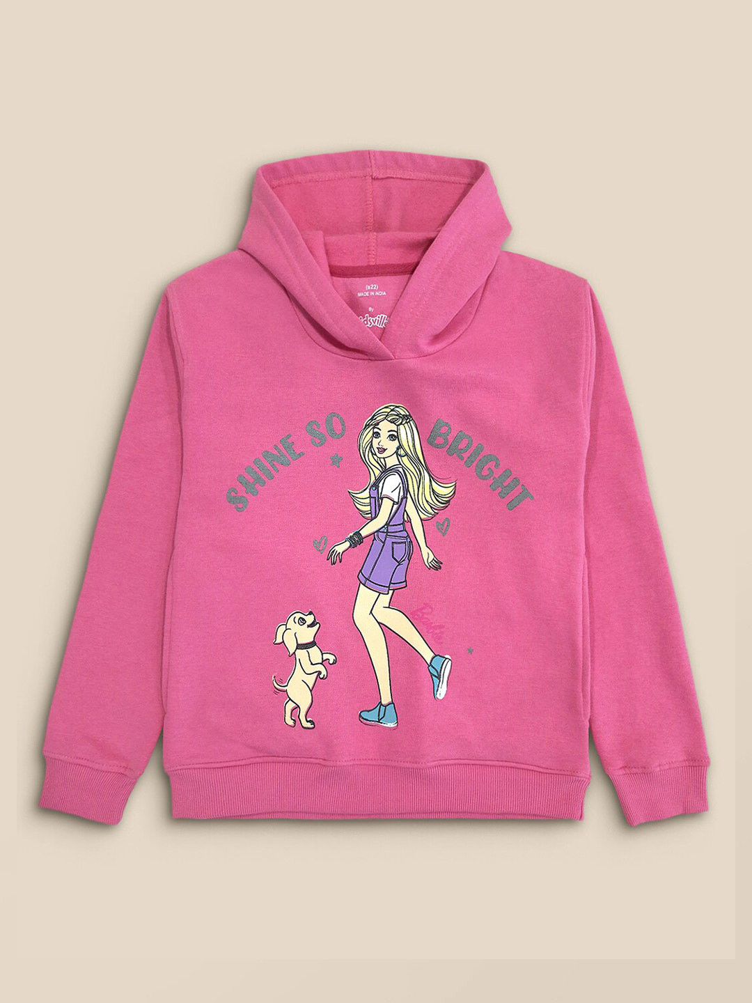 

Kids Ville Girls Pink Barbie Printed Hooded Sweatshirt
