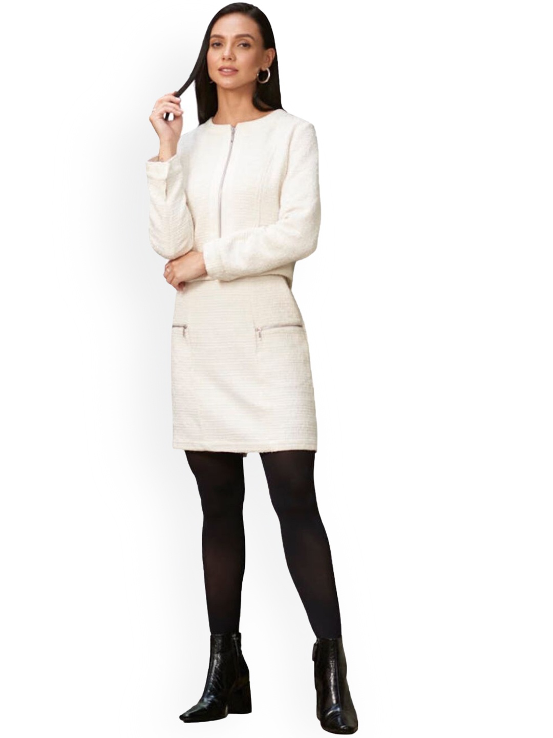 

Style Island Women Off White Floral Lightweight Longline Cycling Tailored Jacket with Embroidered