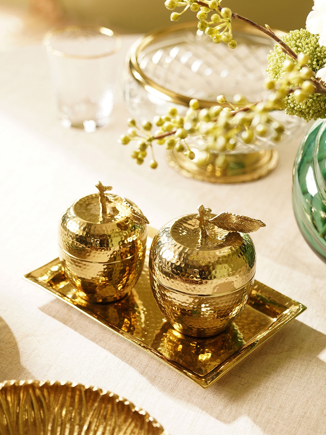 

Pure Home and Living Gold-Toned Set Of 2 Ouro Hammered Decorative Jars with Tray