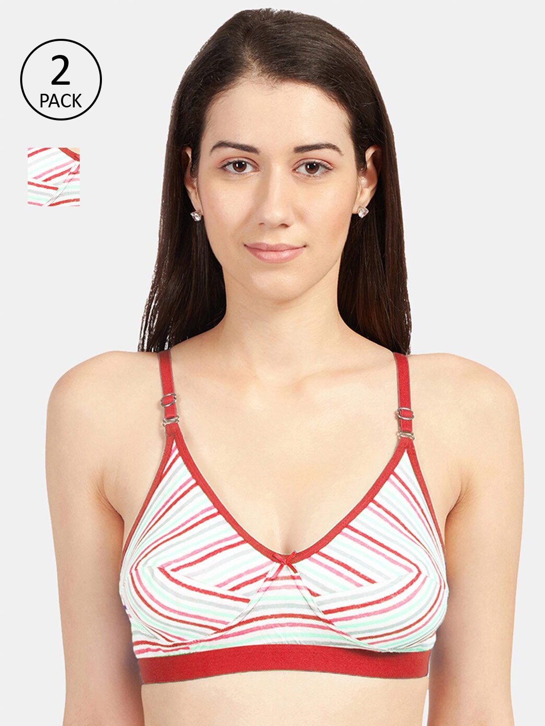 

Sonari Women Pack of 2 Red & White Striped Pure Cotton Non-Padded Bra