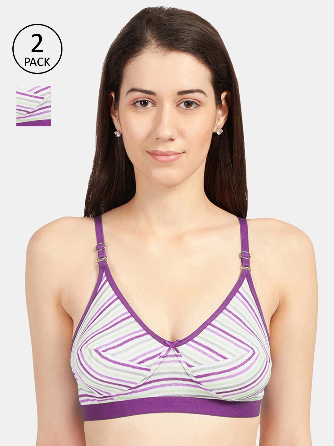 

Sonari Women Pack of 2 Purple & White Striped Pure Cotton Non-Padded Bra