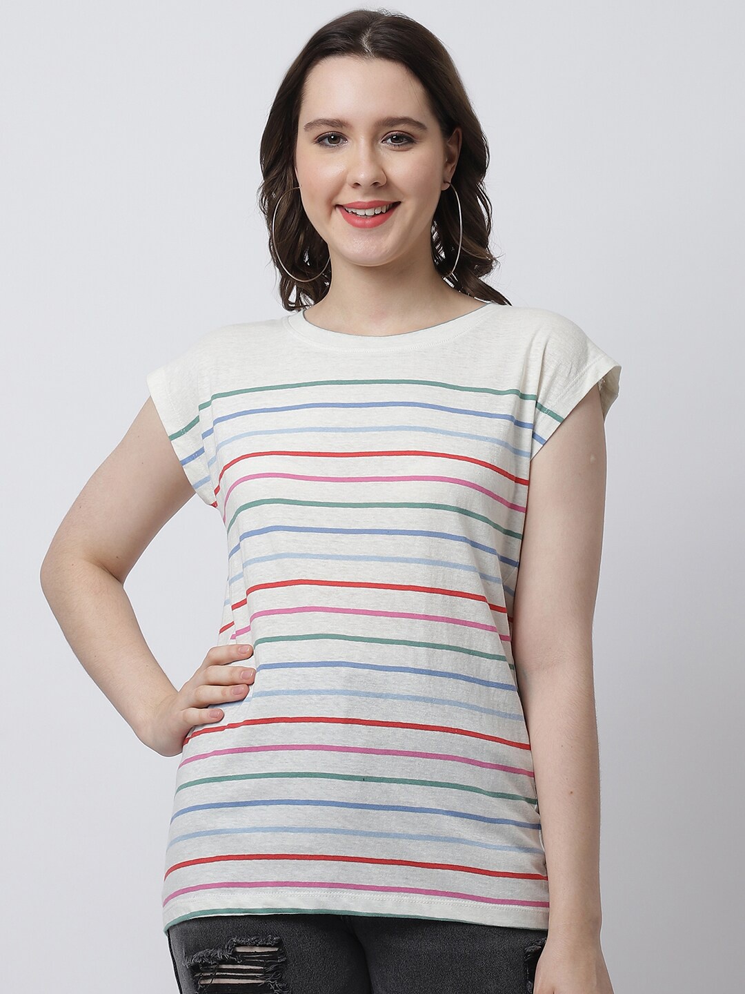 

Rute Women Off White Striped Extended Sleeves Pure Cotton T-shirt