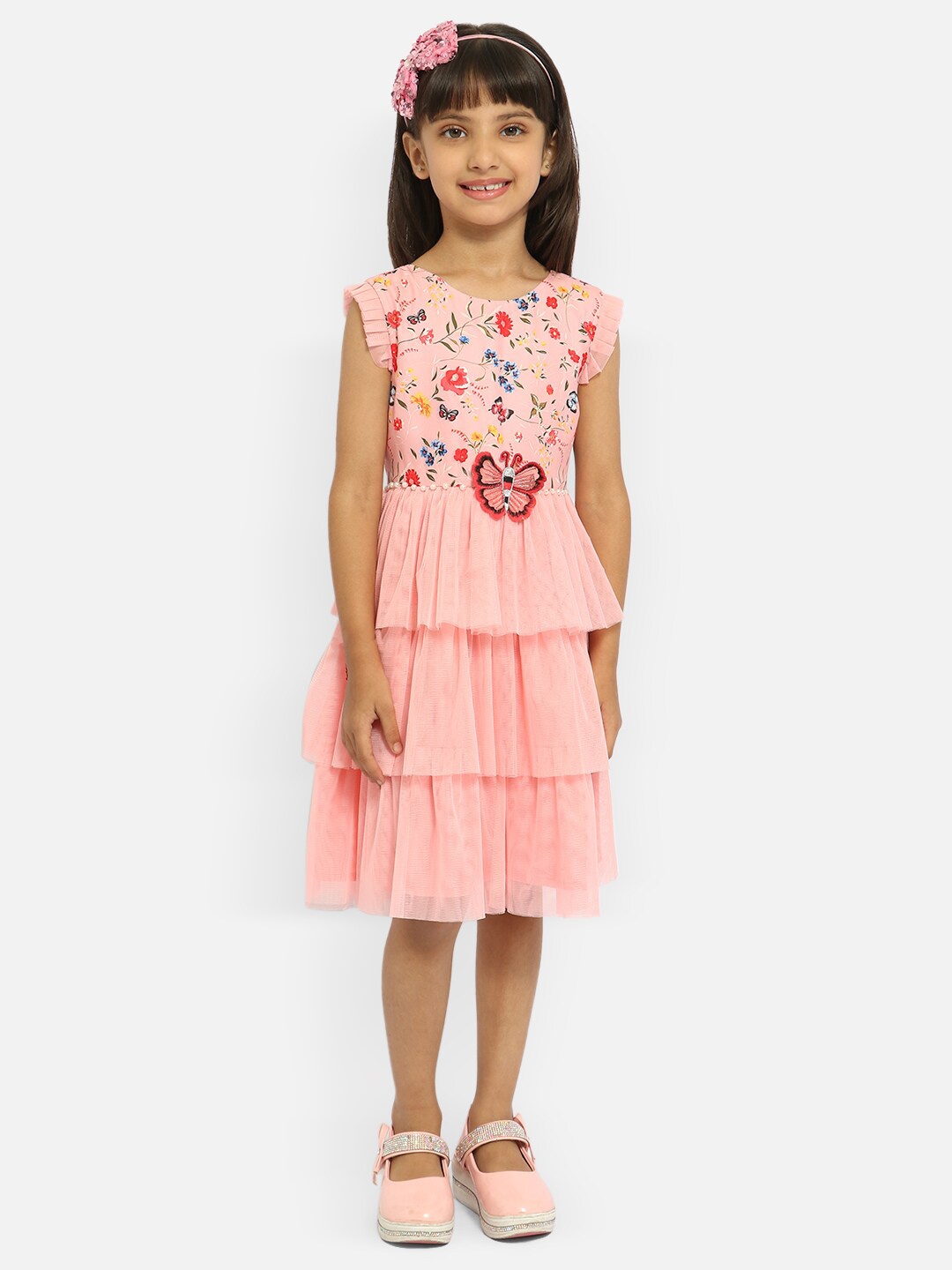 

Nauti Nati Girls Peach Floral Layered Crepe Dress