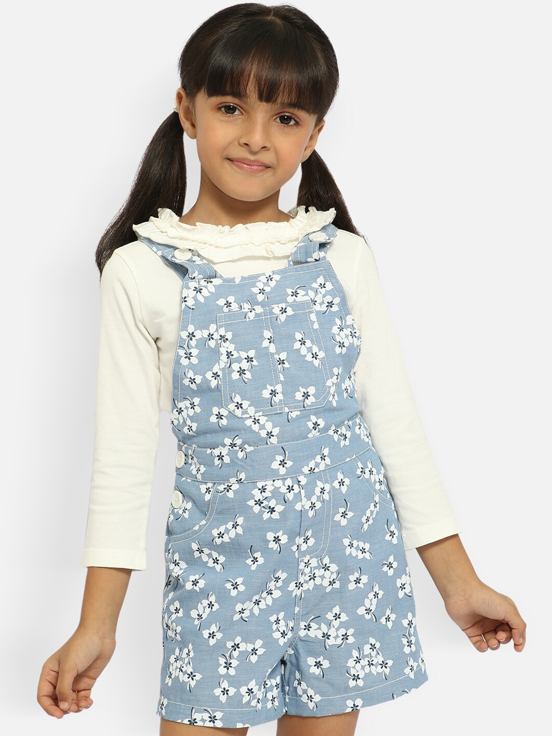 

Nauti Nati Girls Blue & White Printed Pure Cotton Dungaree