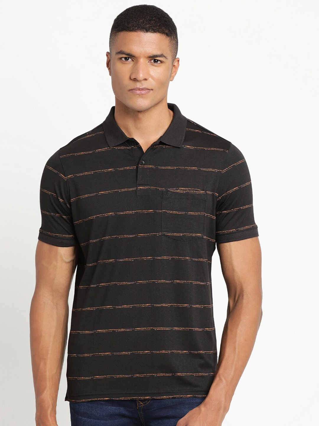 

Turtle Men Black Striped Pure Cotton Polo Collar Slim Fit T-shirt