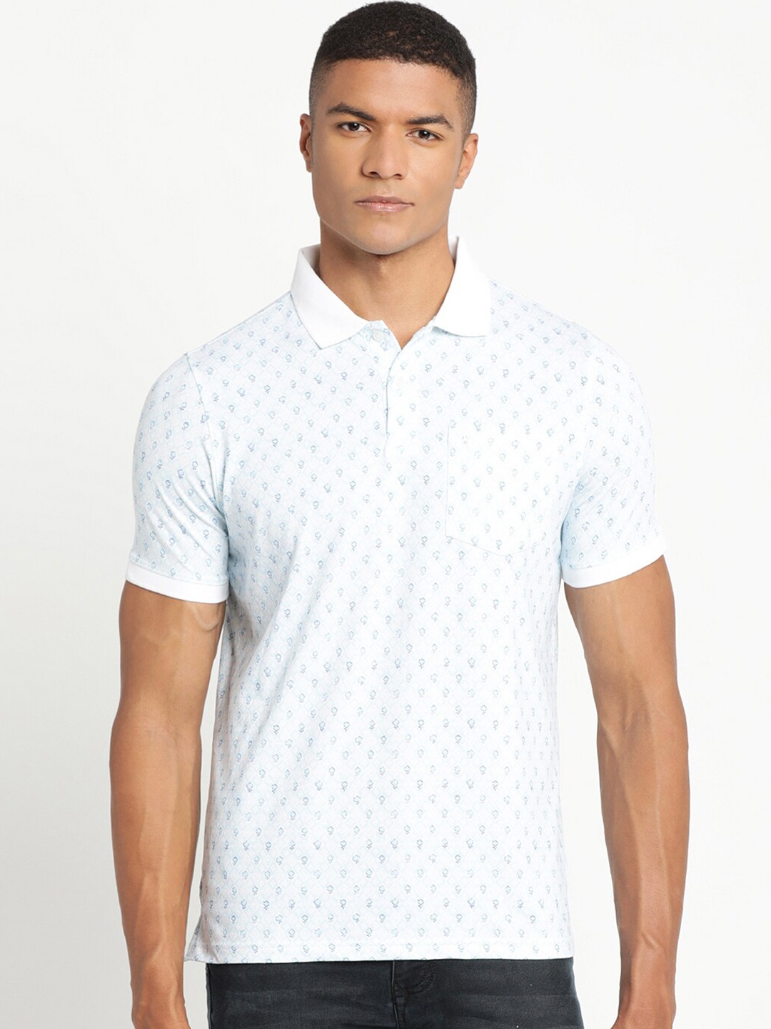 

Turtle Men White & Blue Printed Pure Cotton Polo Collar Slim Fit T-shirt