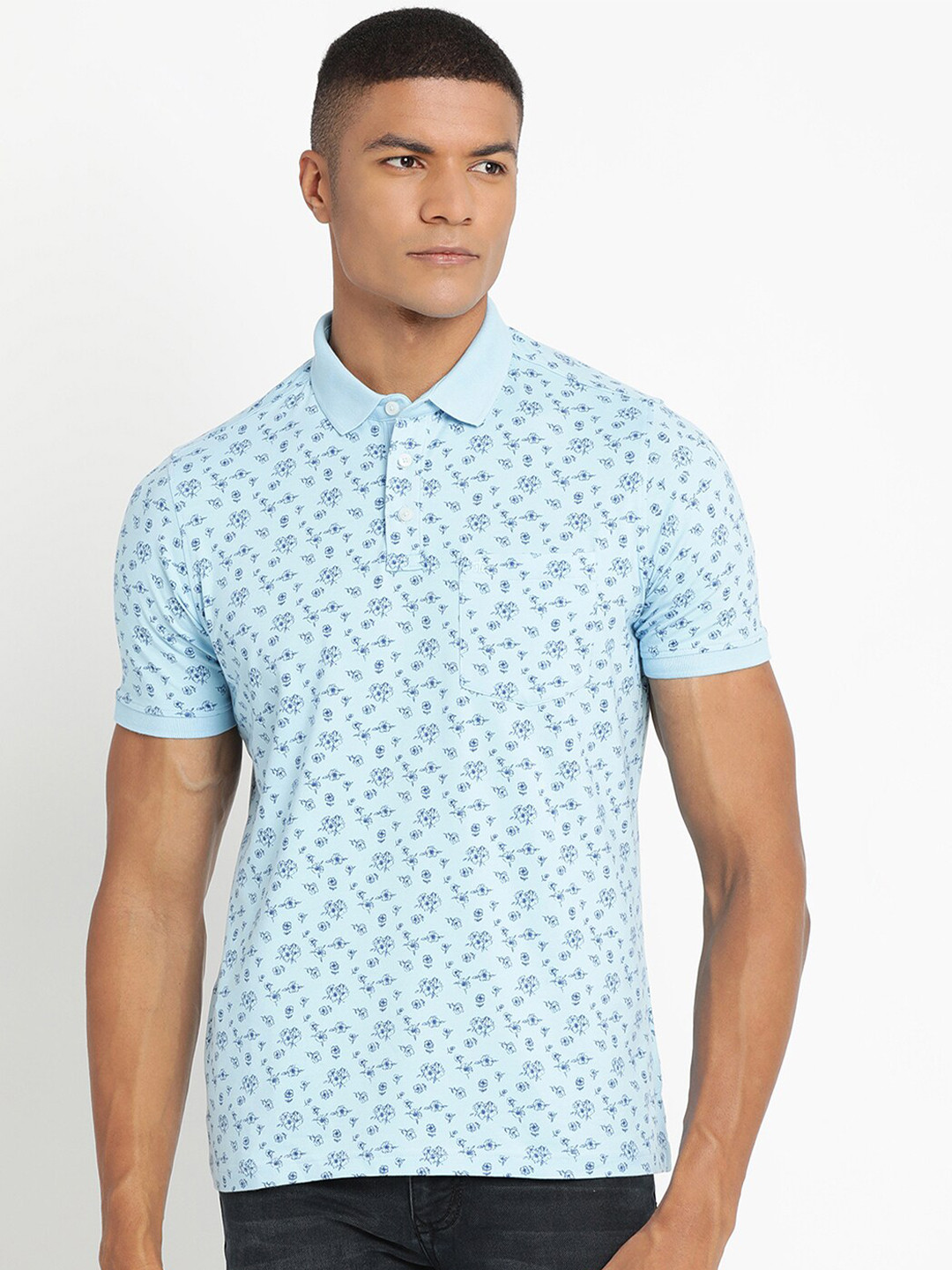 

Turtle Men Blue Floral Printed Pure Cotton Polo Collar Slim Fit T-shirt