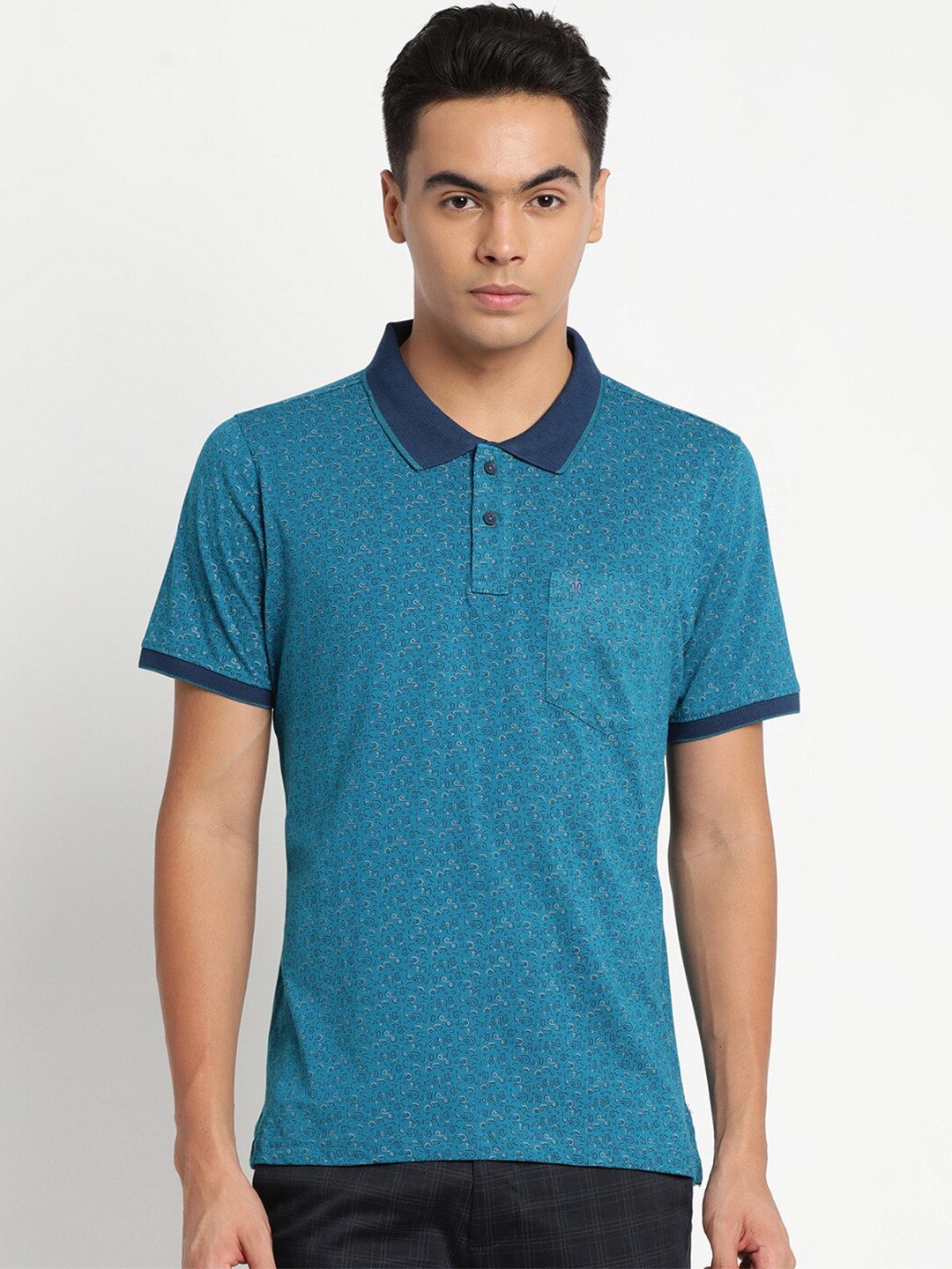 

Turtle Men Blue Printed Pure Cotton Polo Collar Slim Fit T-shirt