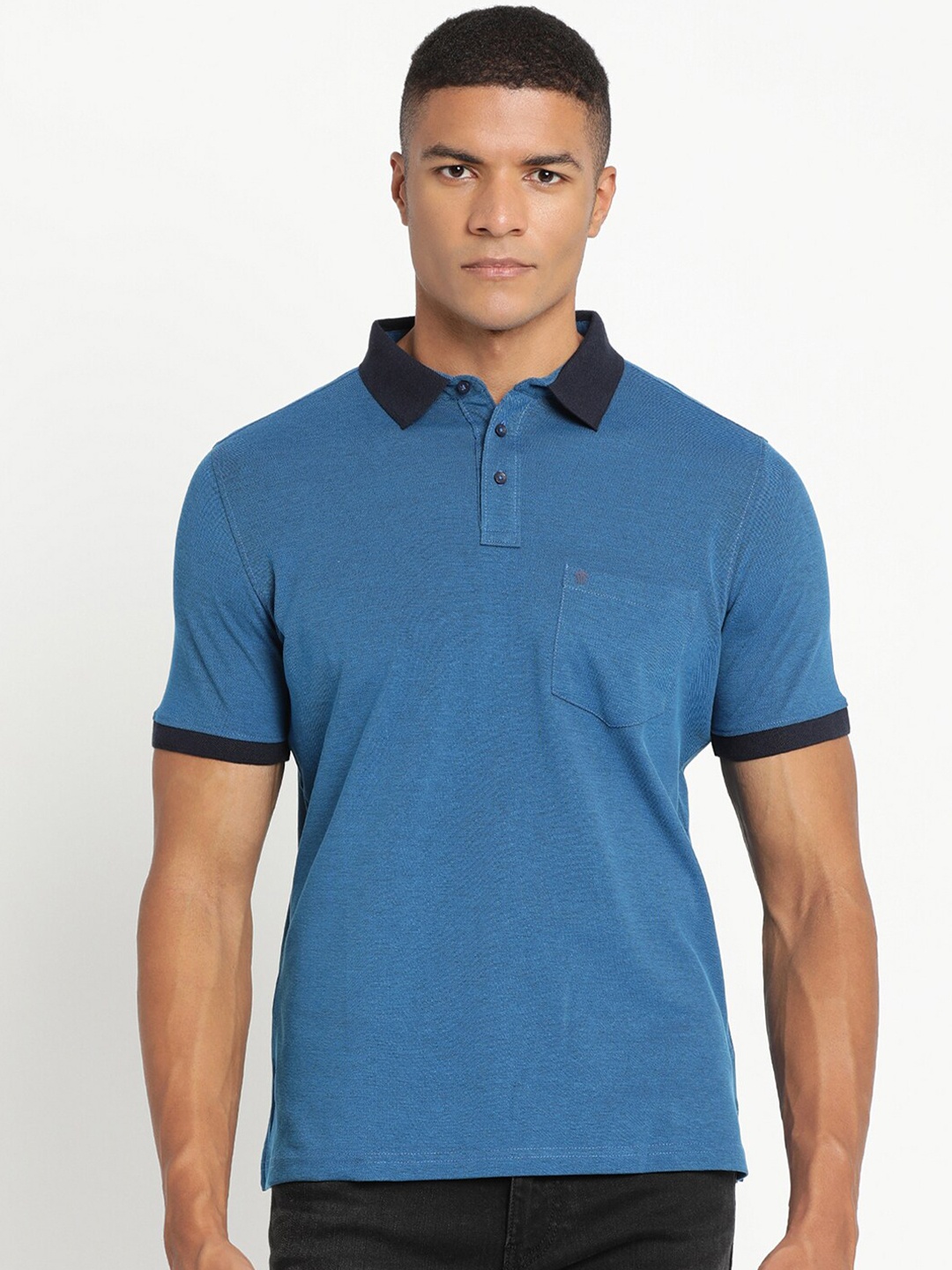 

Turtle Men Blue & Black Pure Cotton Solid Polo Collar Slim Fit T-shirt