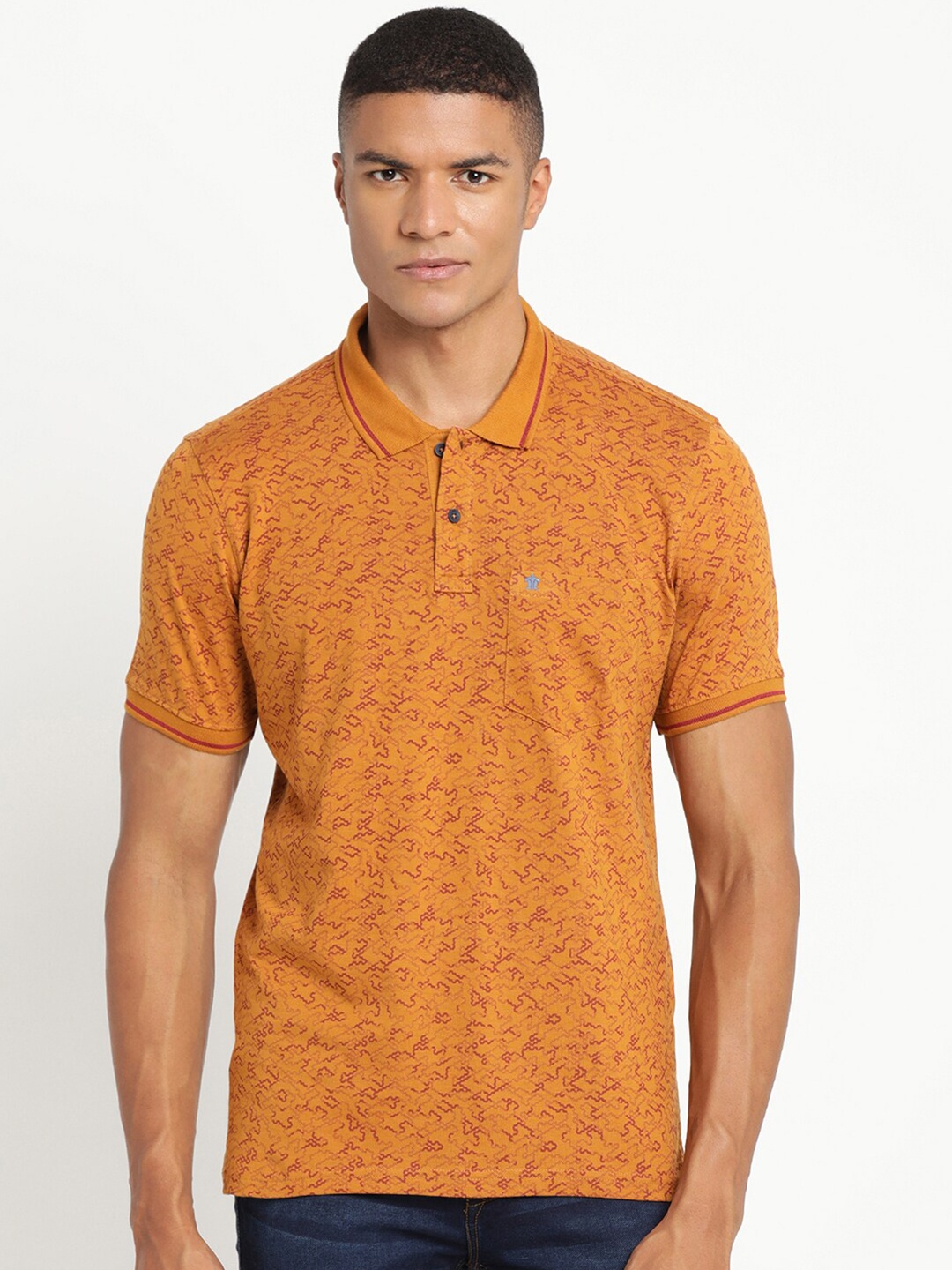 

Turtle Men Mustard Yellow Pure Cotton Abstract Printed Polo Collar Slim Fit T-shirt