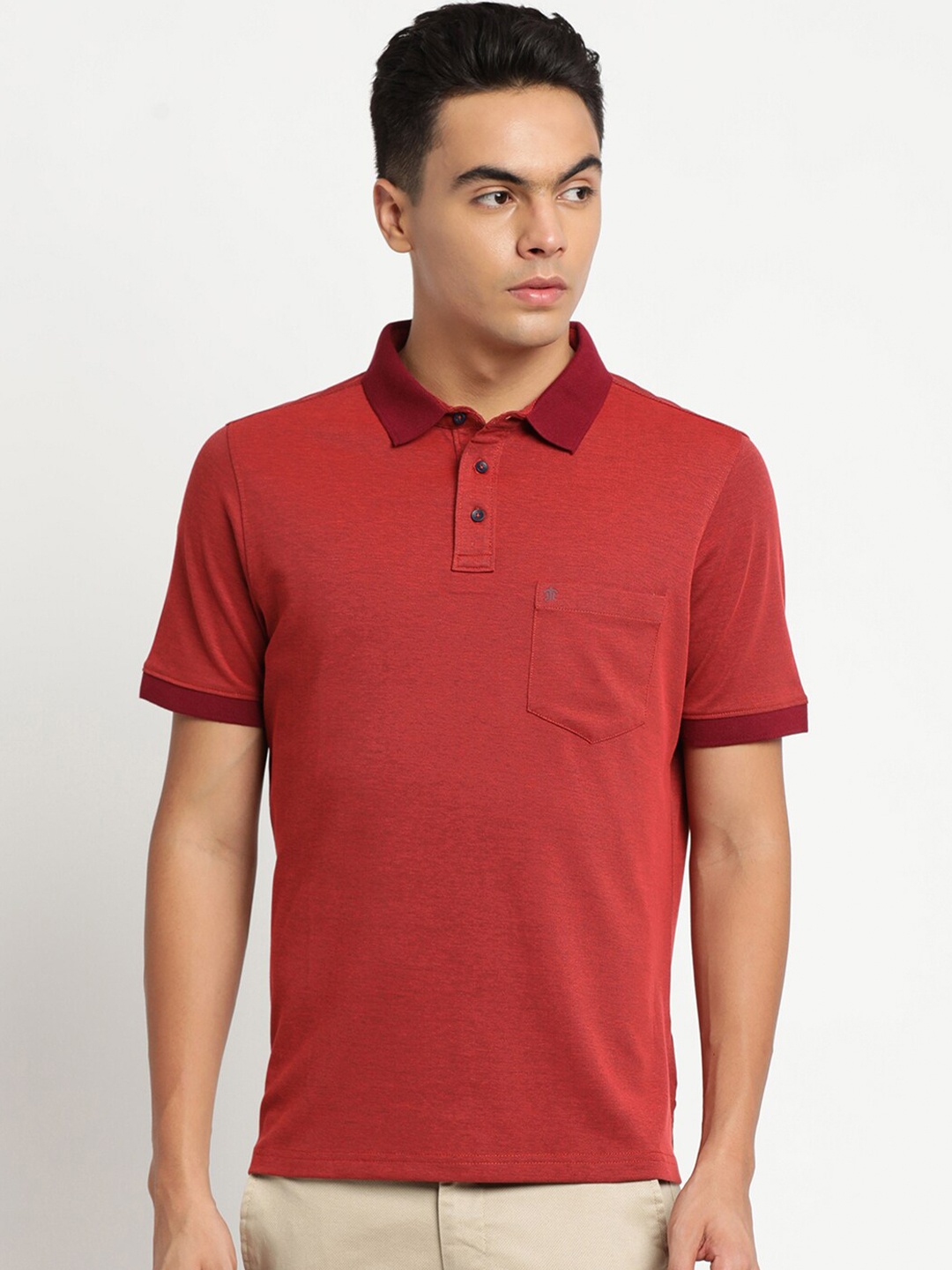 

Turtle Men Red Pure Cotton Solid Polo Collar Slim Fit T-shirt
