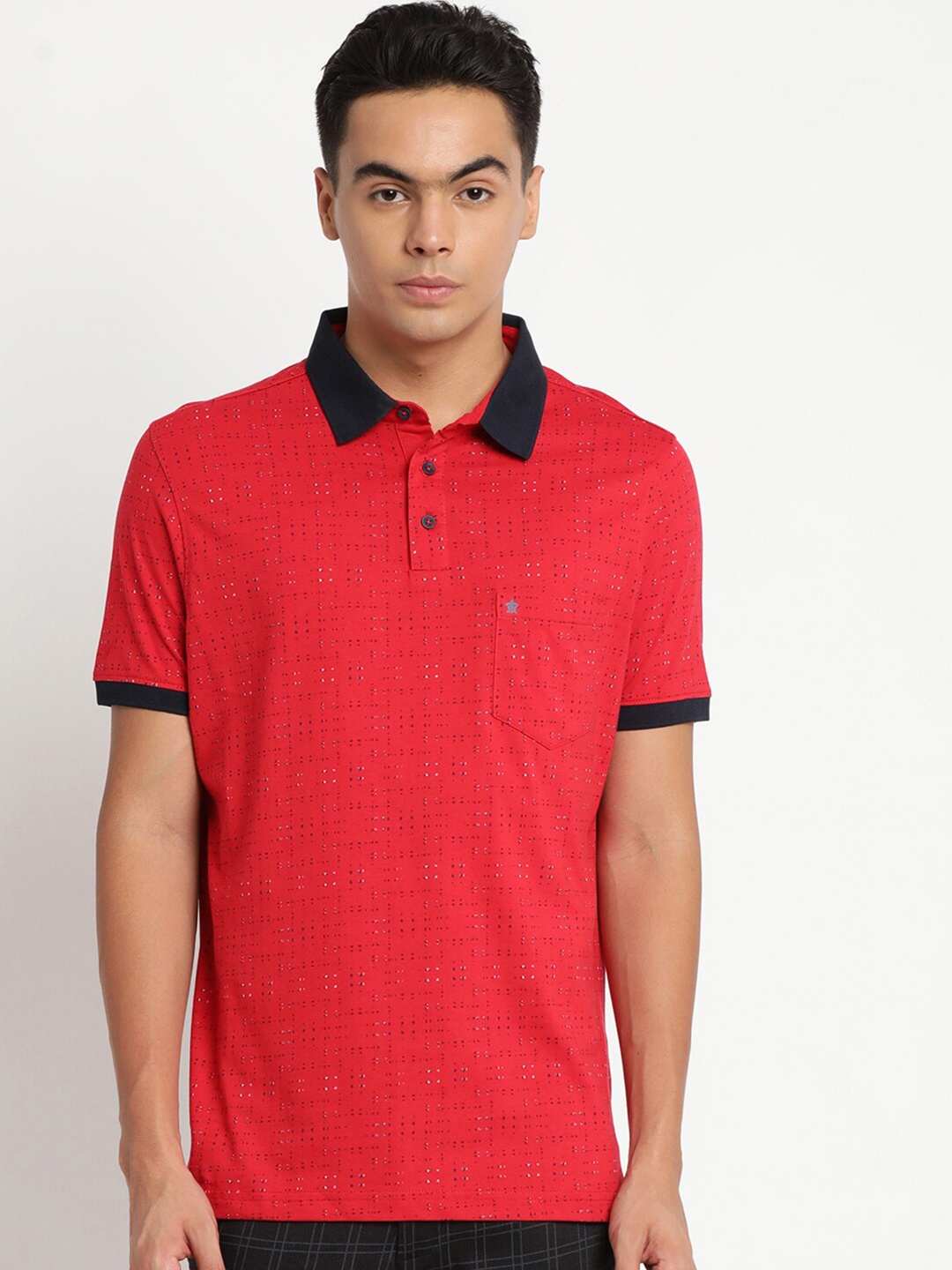 

Turtle Men Red & Black Pure Cotton Micro Ditsy Printed Polo Collar Slim Fit T-shirt