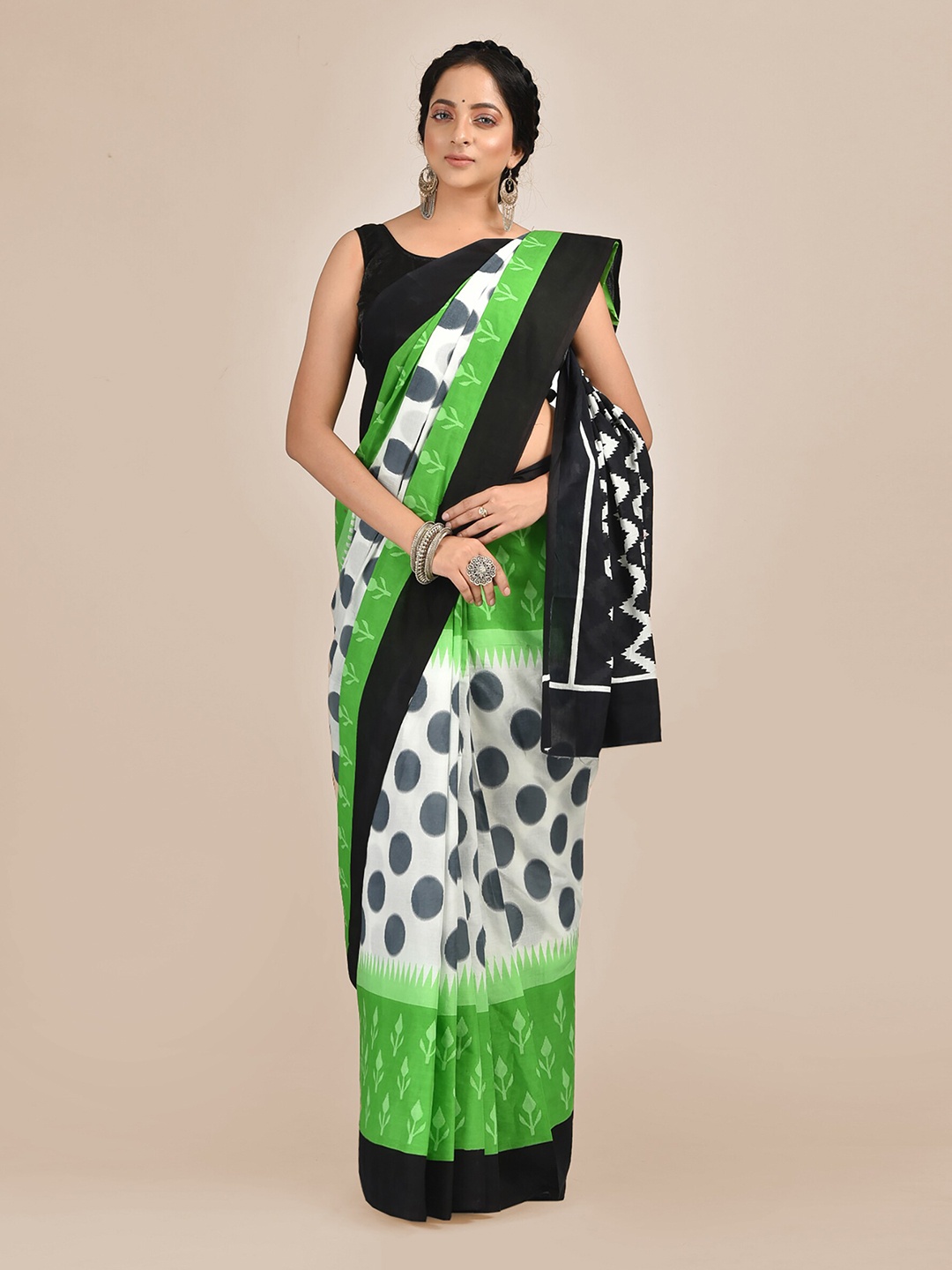 

Mitera White & Green Pure Cotton Saree