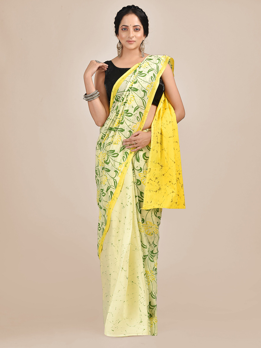 

Mitera Yellow & Green Floral Pure Cotton Saree