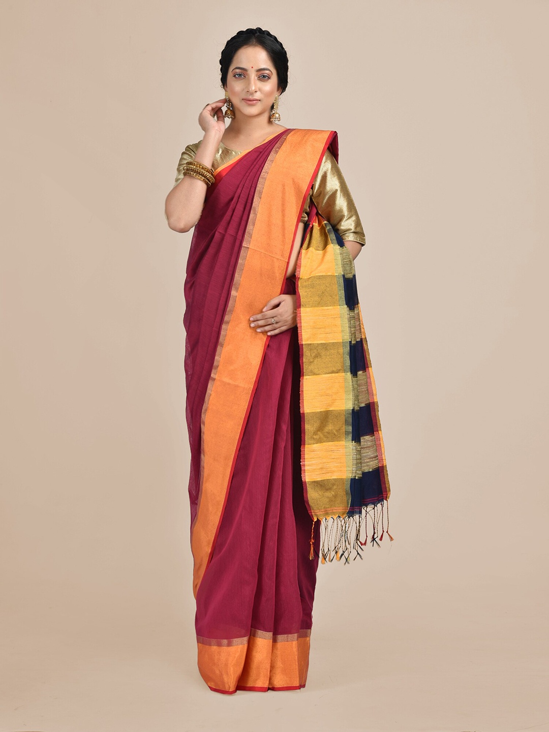 

Mitera Coral & Yellow Cotton Blend Saree