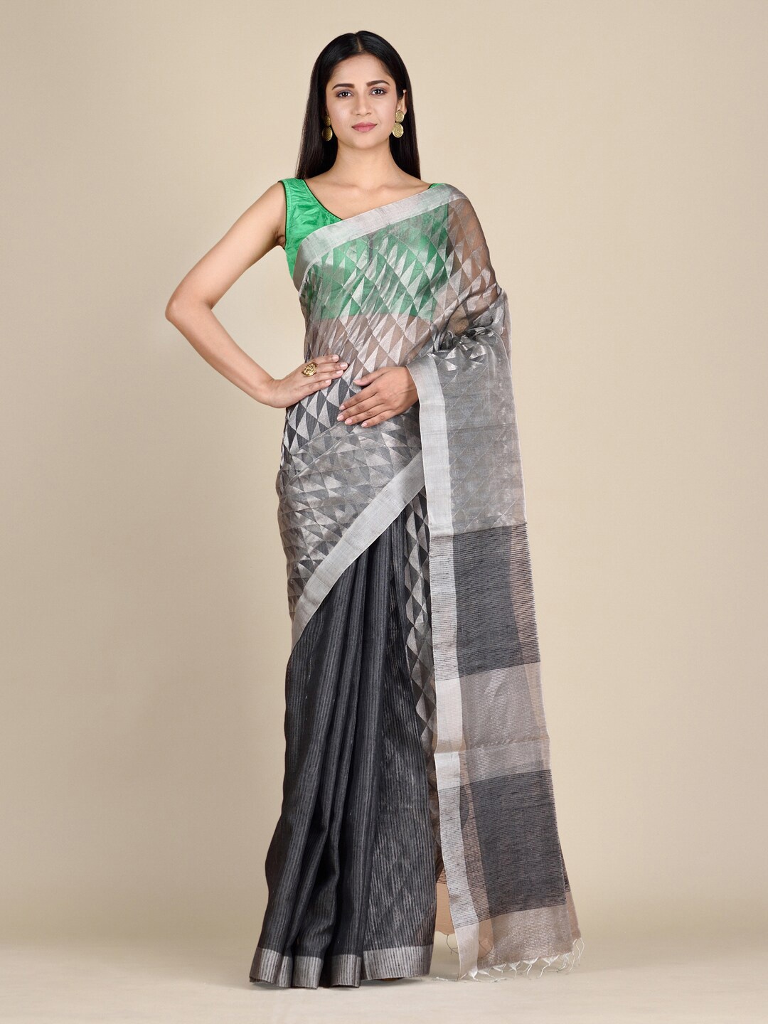 

Mitera Black & Silver-Toned Zari Pure Silk Saree