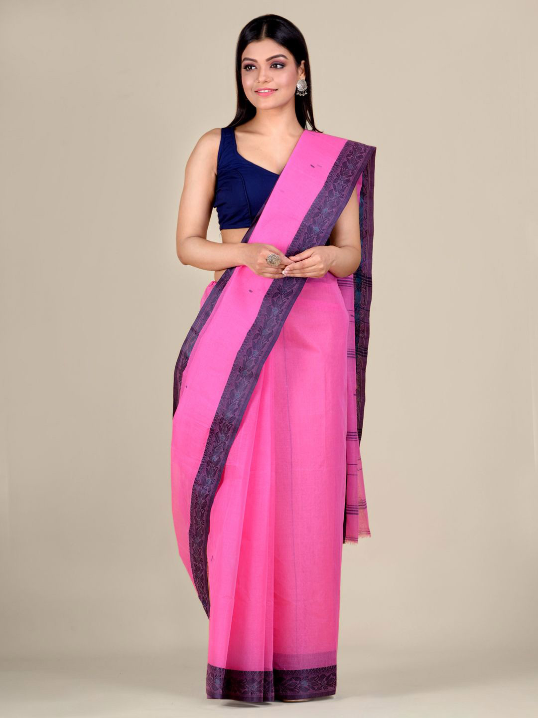 

Mitera Pink & Grey Ethnic Motifs Pure Cotton Taant Saree