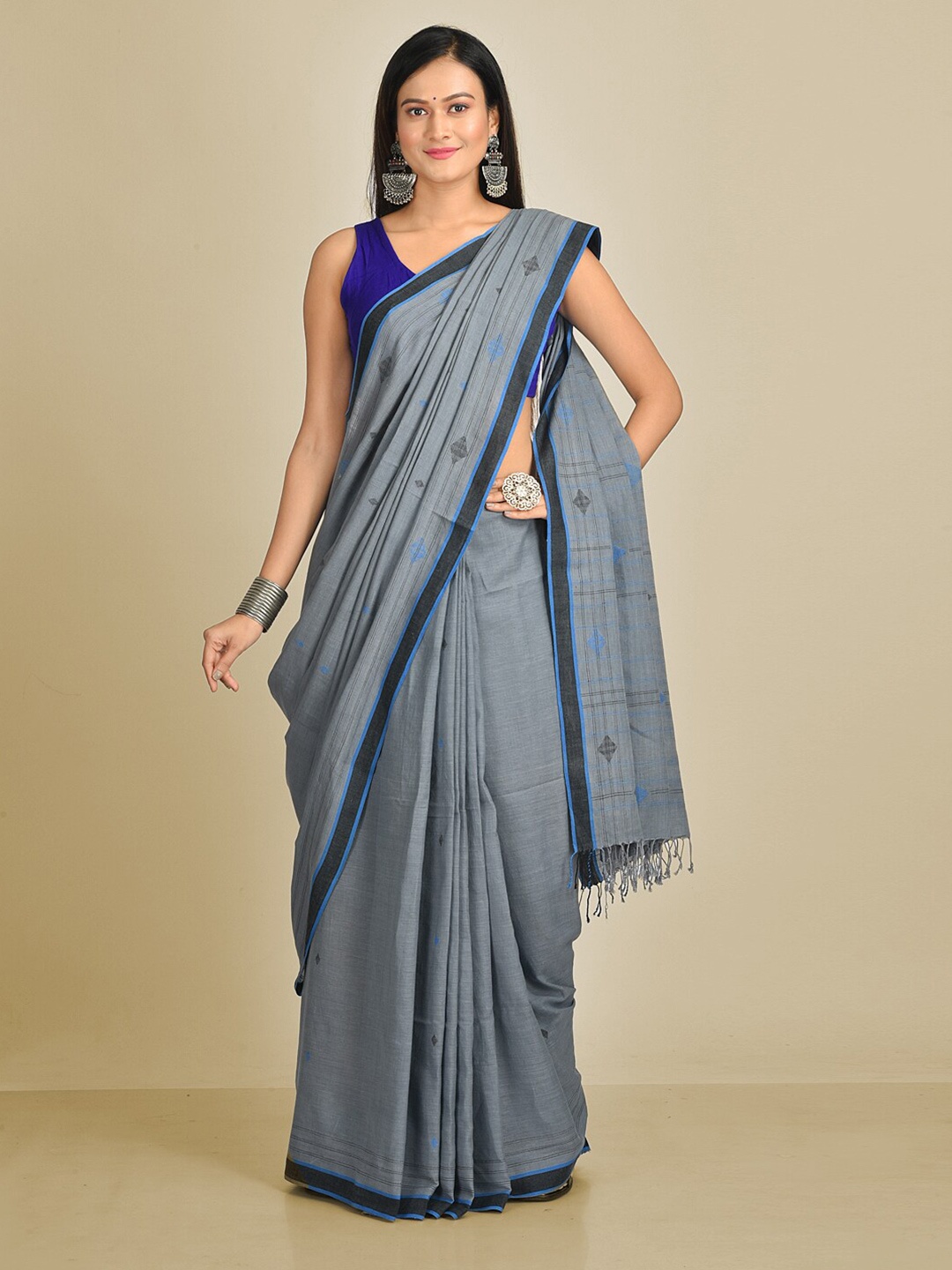 

Mitera Grey & Blue Pure Cotton Hand woven soft saree