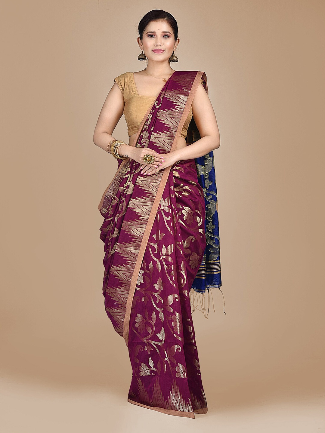 

Mitera Magenta & Blue Floral Zari Saree