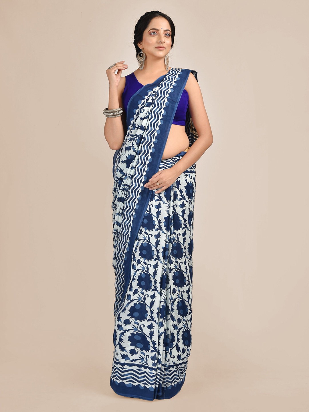 

Mitera Blue & White Floral Pure Cotton Saree