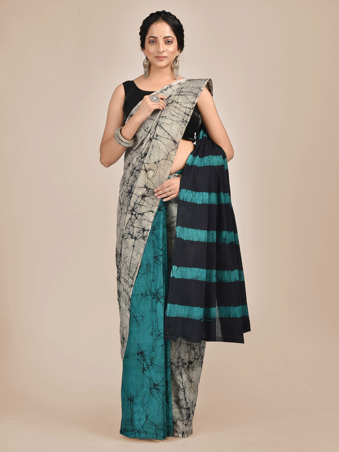 

Mitera Beige & Blue Batik Pure Cotton Saree
