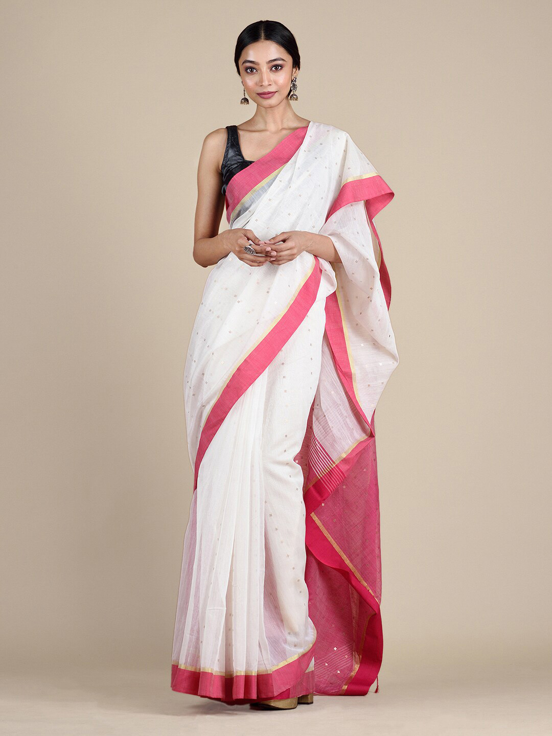 

Mitera White & Pink Cotton Zari Saree