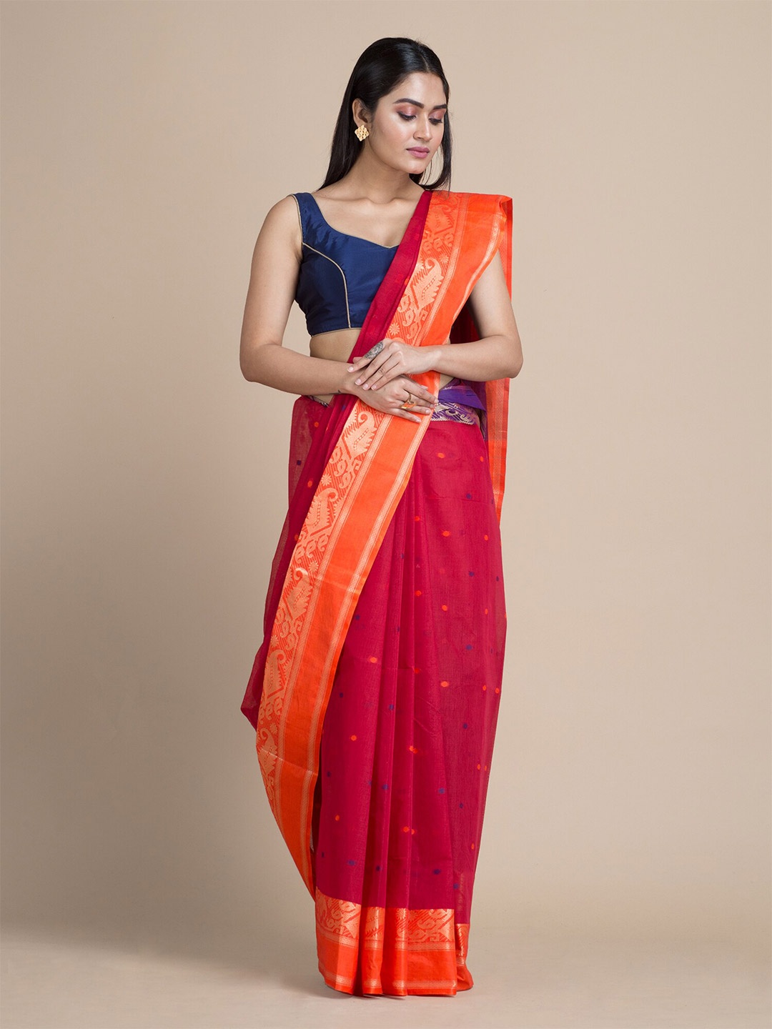 

Mitera Red & Orange Ethnic Motifs Zari Pure Cotton Saree