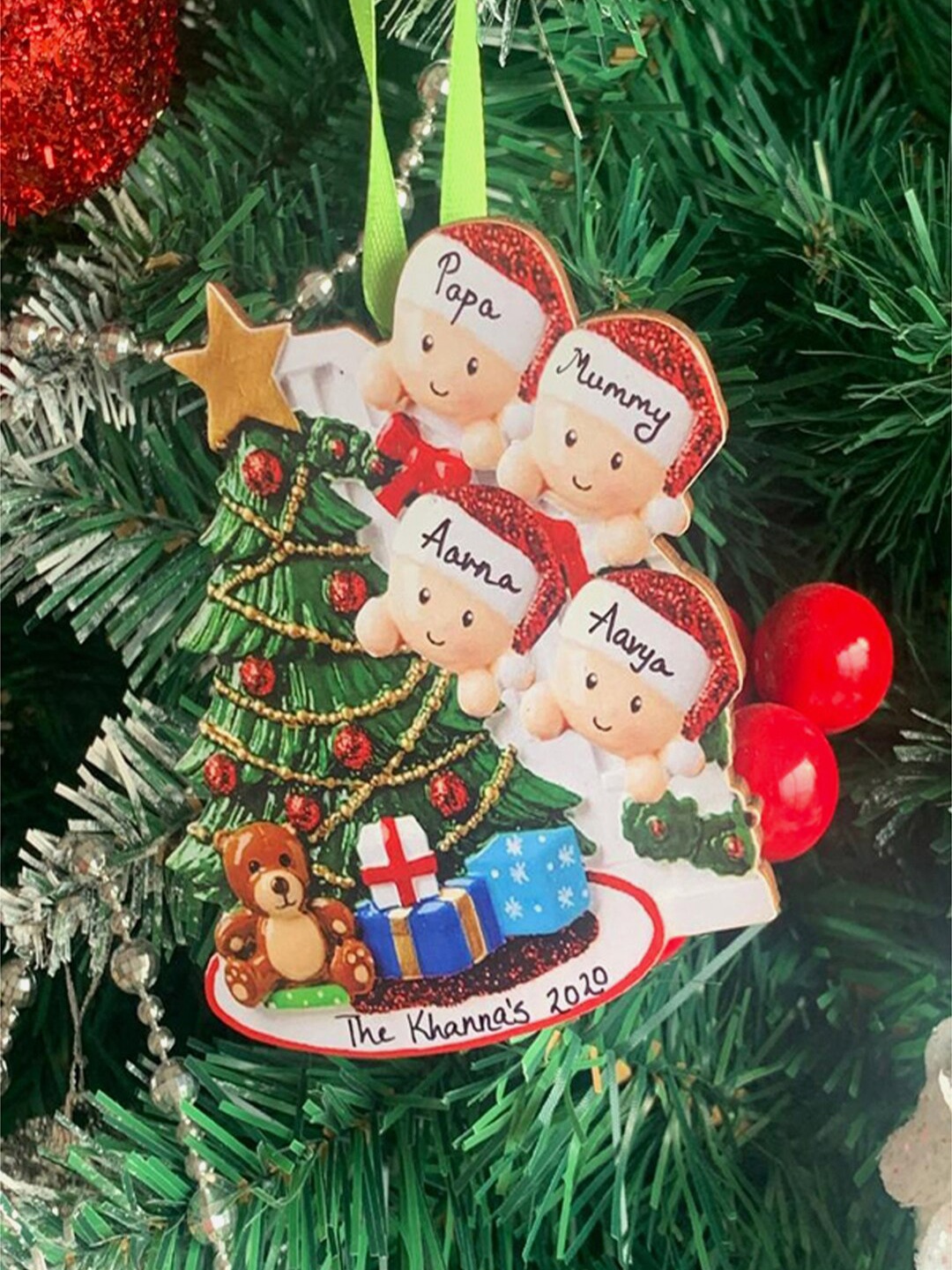 

Little Surprise Box LLP Wooden Christmas Family Tree Ornament, Red