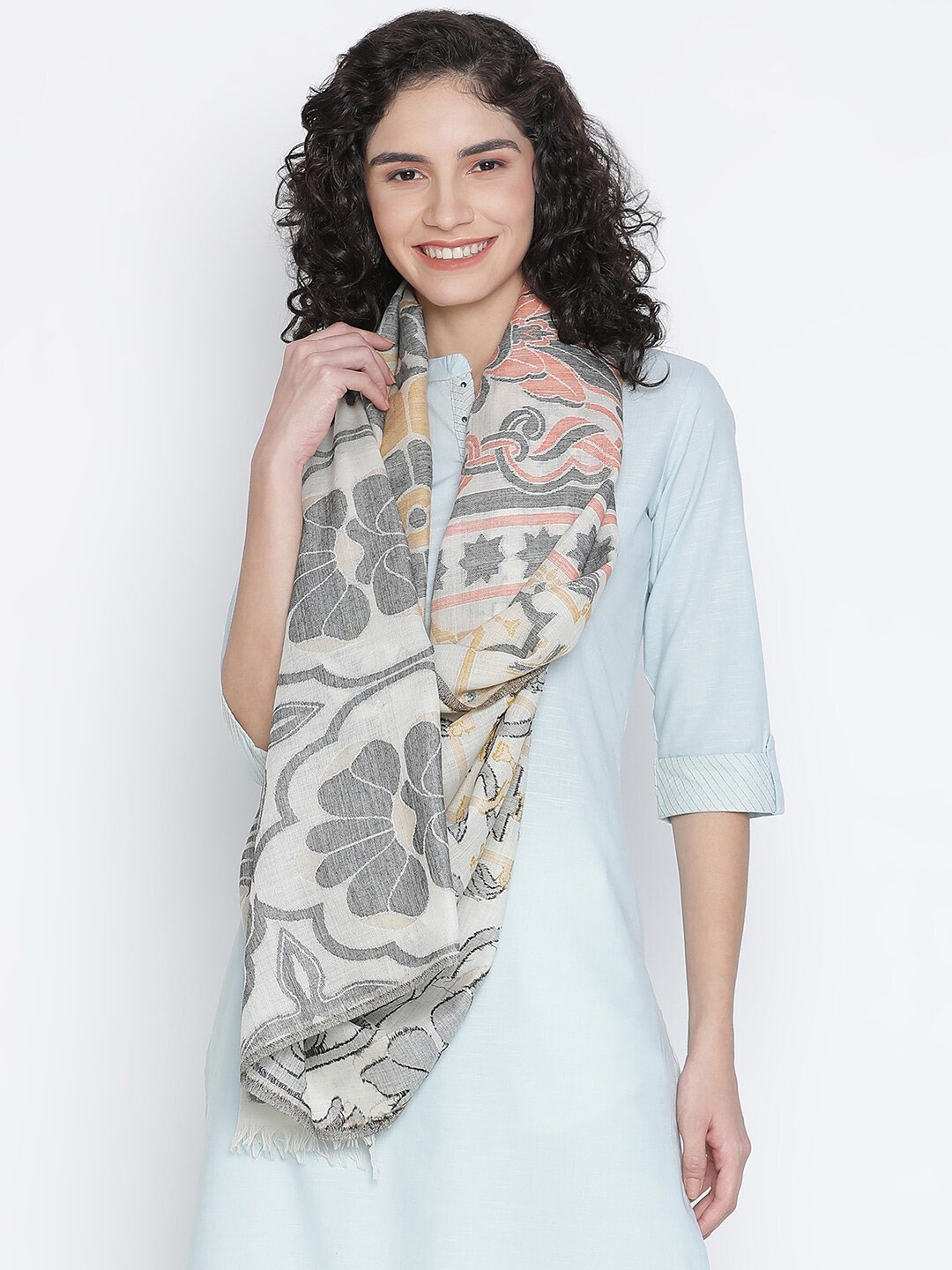 

SHINGORA Women Off White & Grey Woven Design Fringed Stole