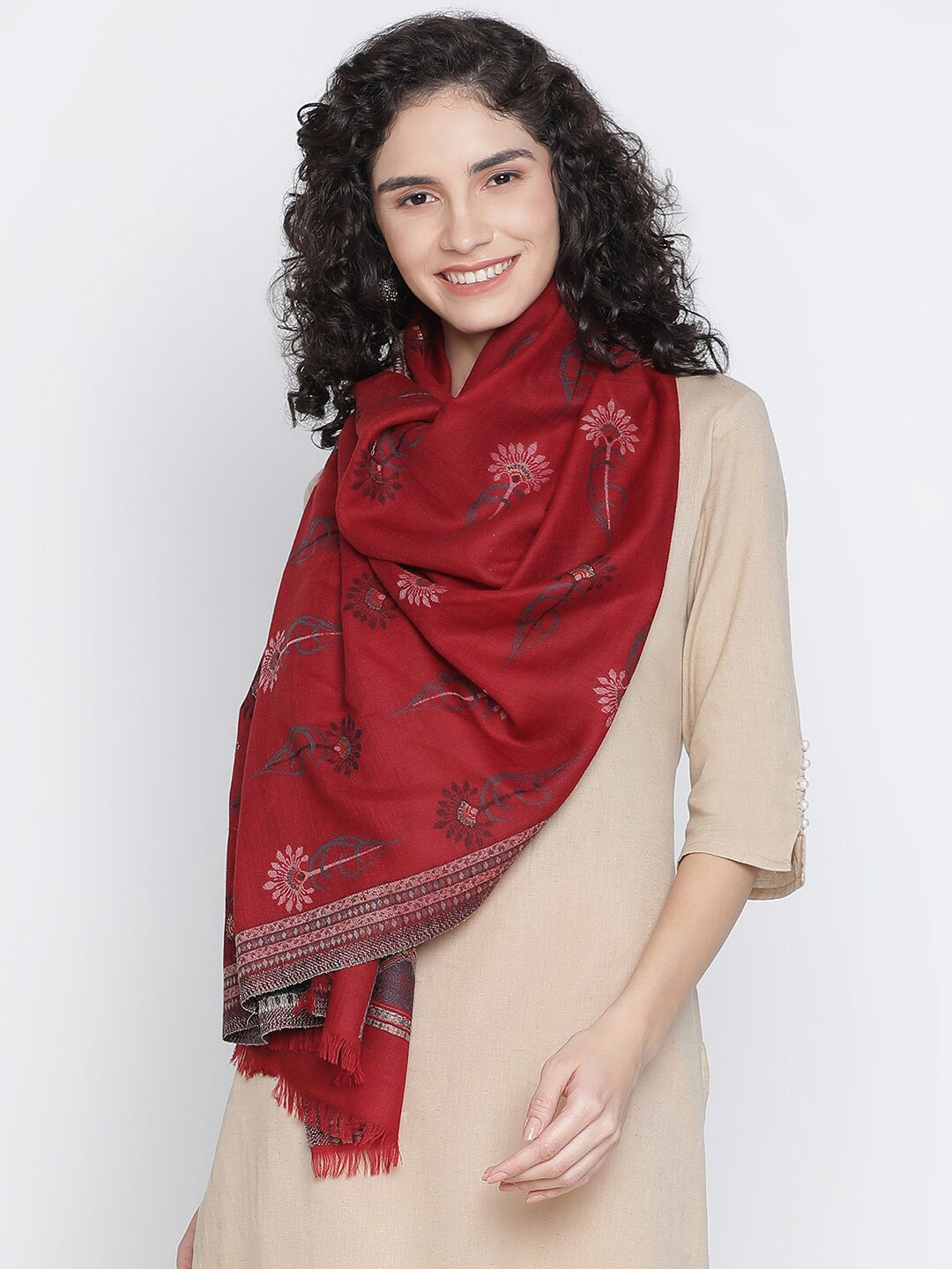 

SHINGORA Women Maroon & Grey Woven Design Fringed Stole