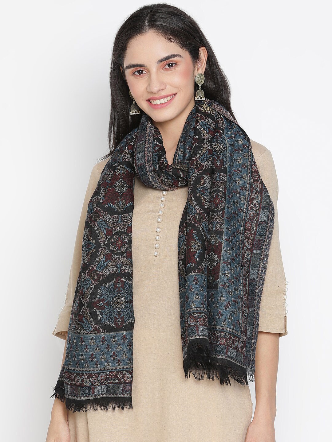 

SHINGORA Women Black & Blue Woven Design Fringed Stole