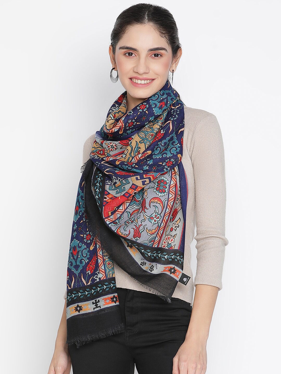 

SHINGORA Women Blue & Red Printed Fringed Stole