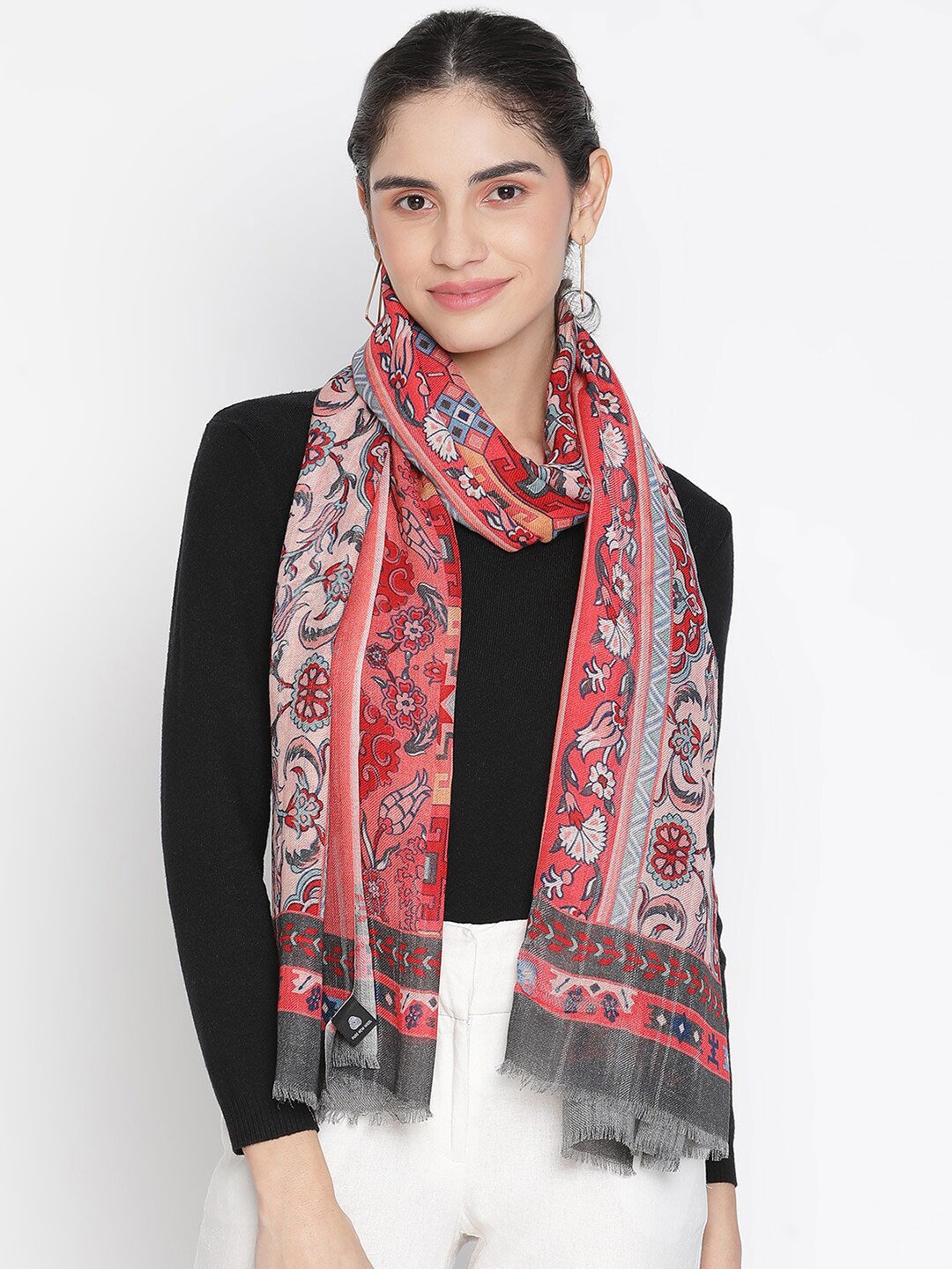 SHINGORA Women Red & Grey Printed Fringed Stole
