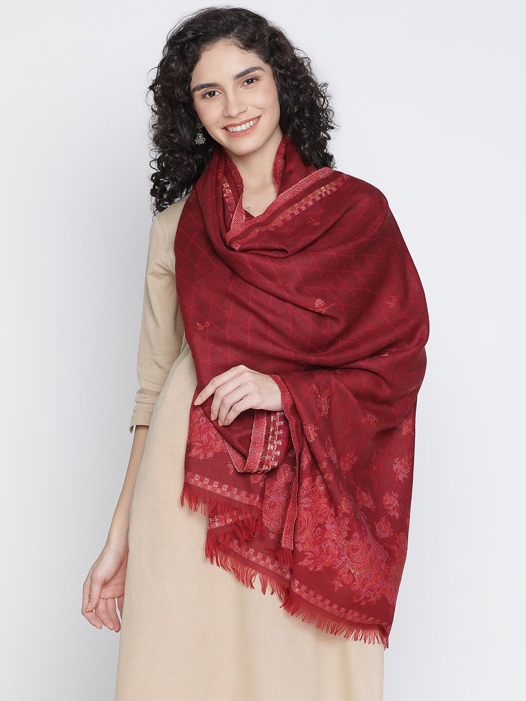 

SHINGORA Women Maroon Woven Design Fringed Stole