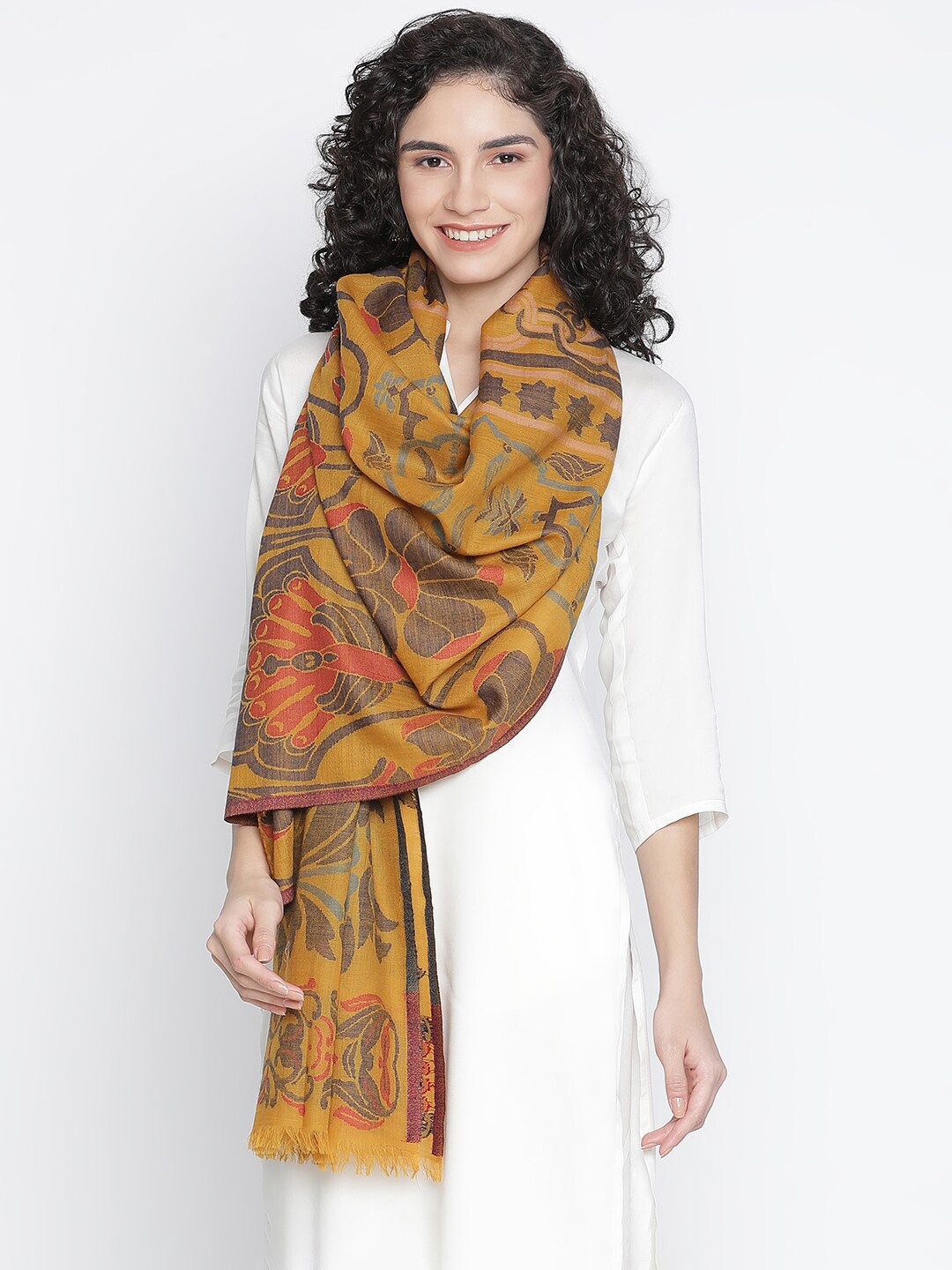 

SHINGORA Women Mustard & Green Woven Design Fringed Stole