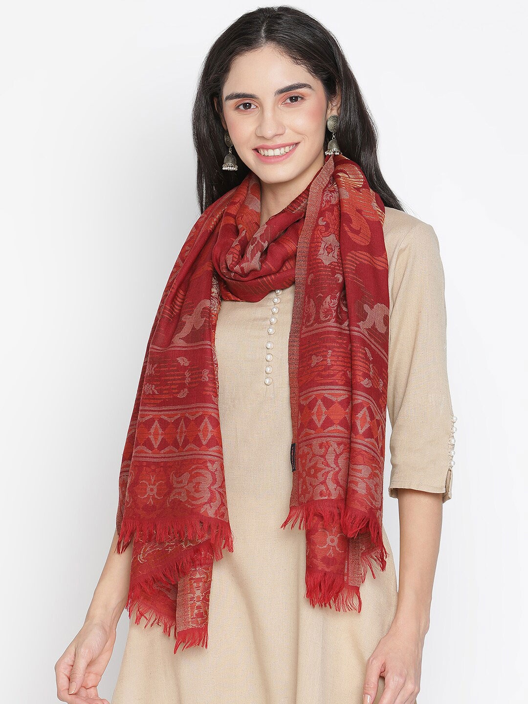 

SHINGORA Women Red & Grey Woven Design Fringed Stole
