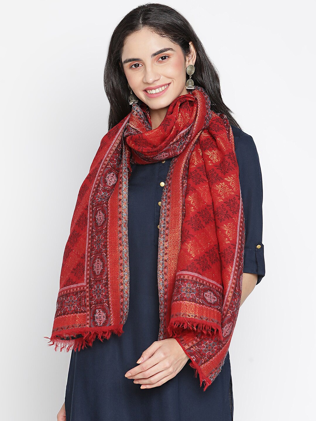 

SHINGORA Women Red & Blue Woven Design Fringed Stole