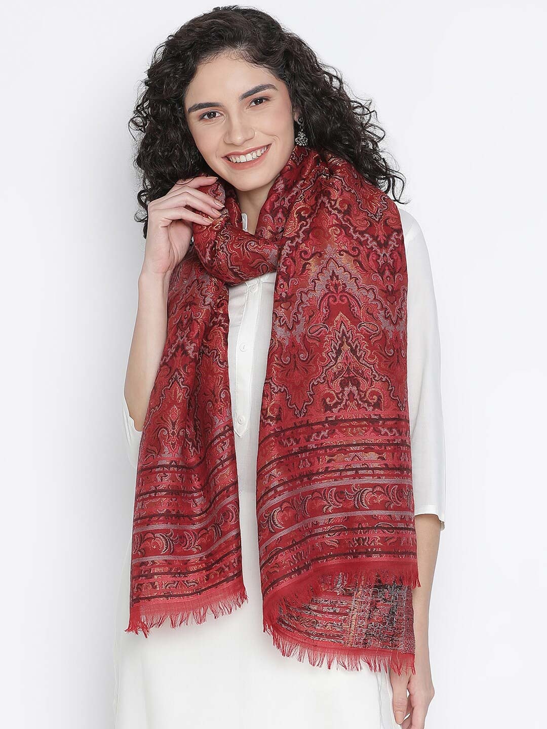 

SHINGORA Women Maroon & Brown Woven Design Fringed Stole
