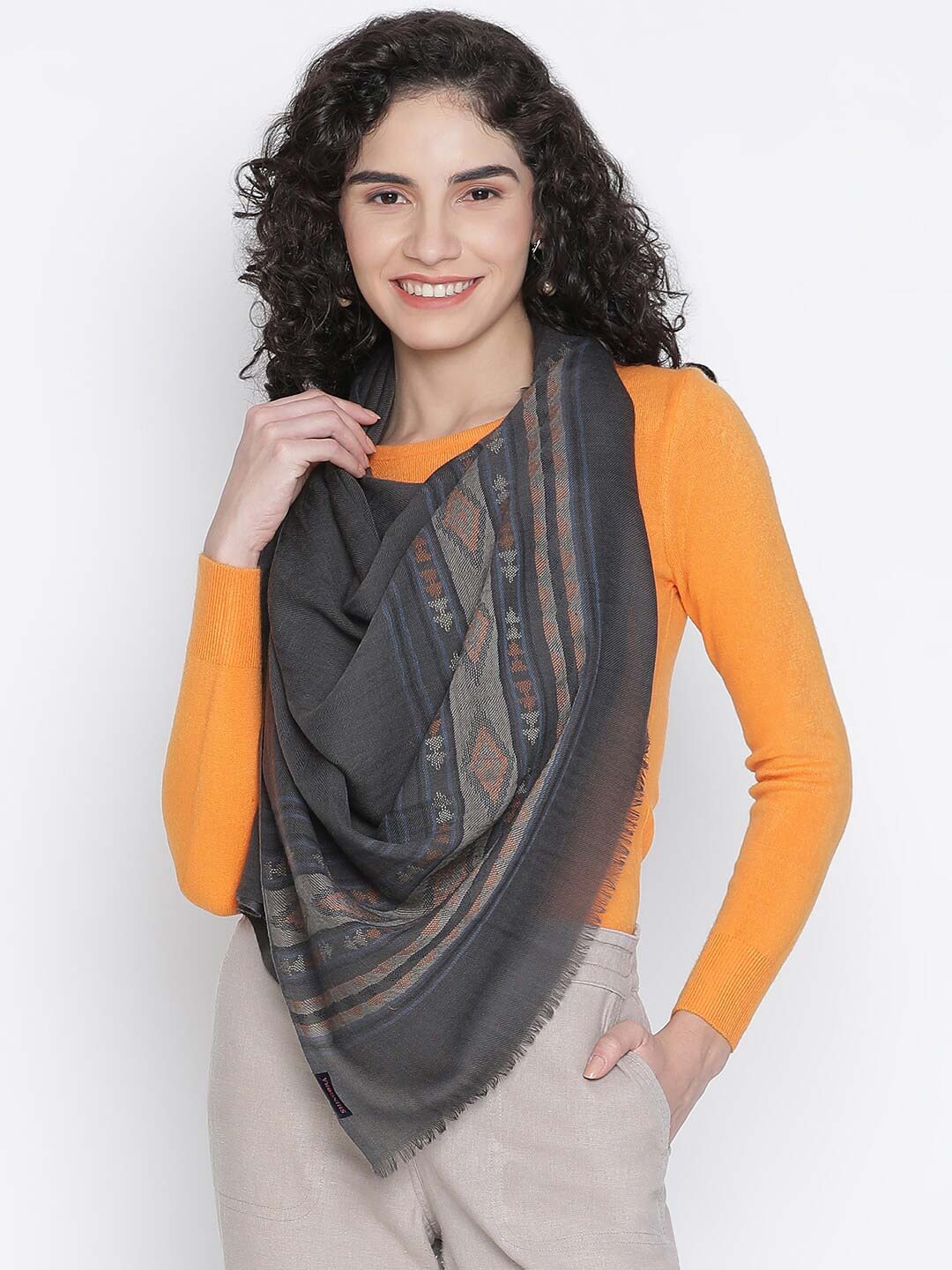

SHINGORA Women Grey & Orange Woven Design Fringed Stole