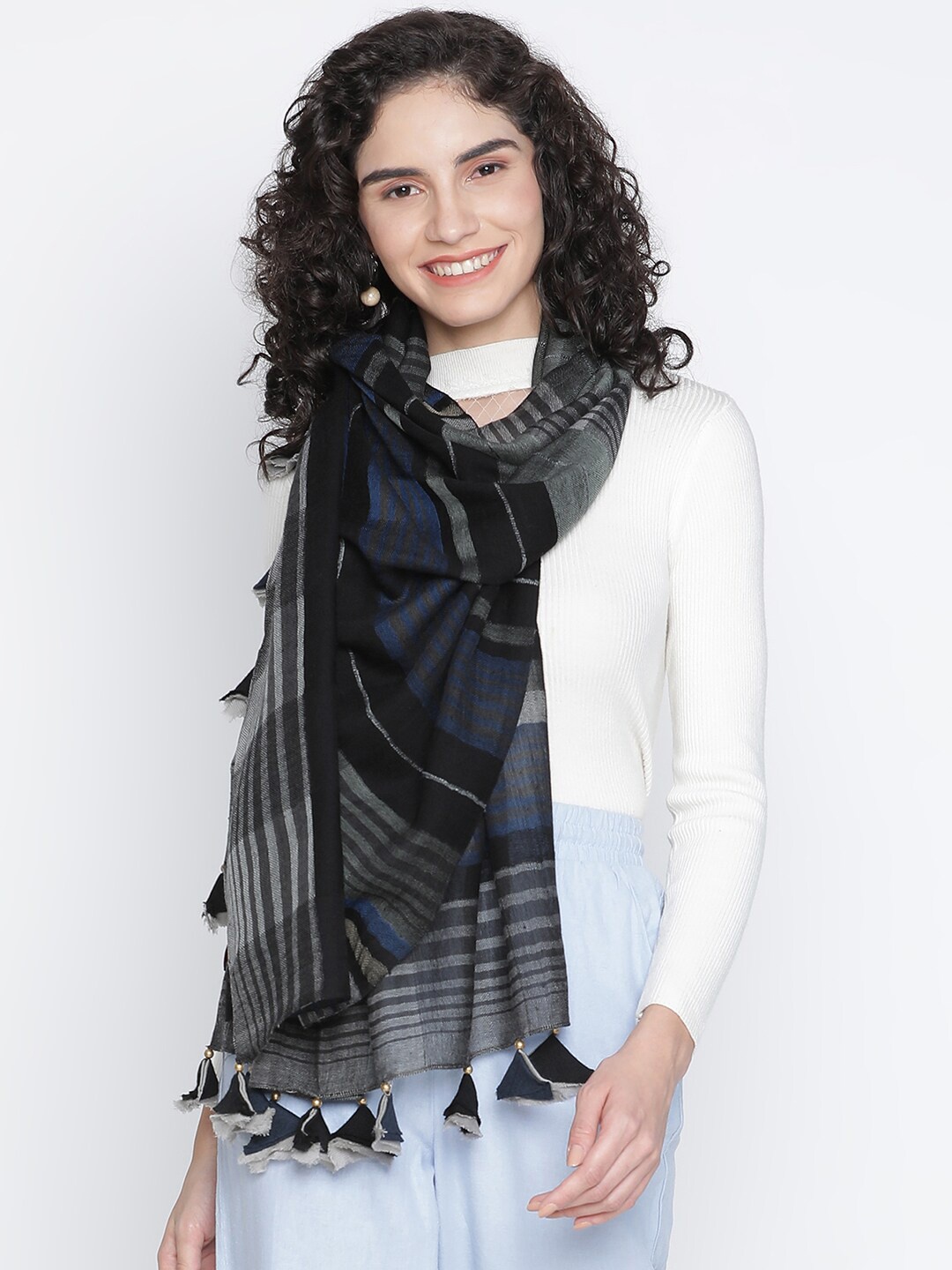 SHINGORA Women Grey & Blue Striped Tassel Stole