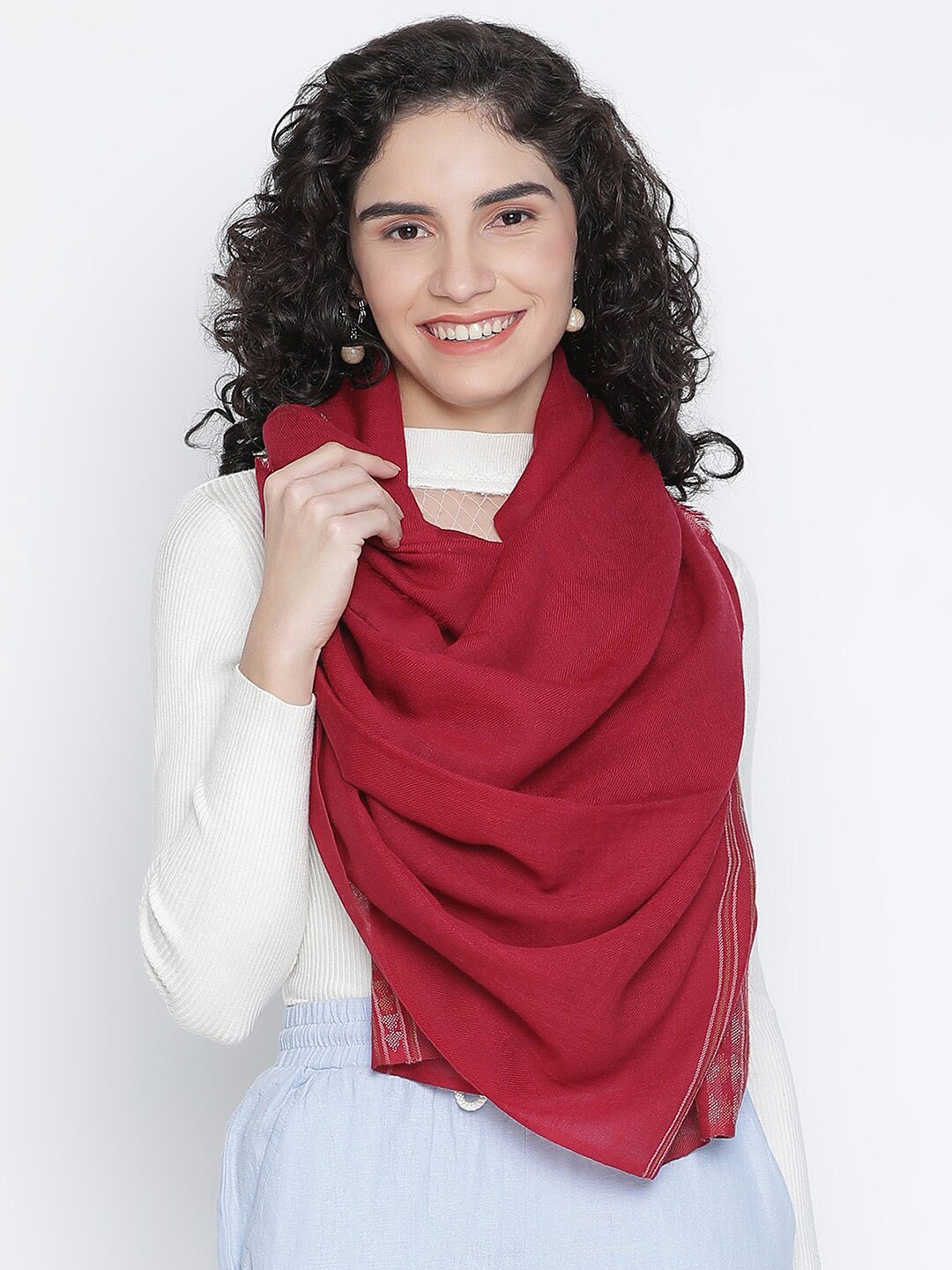 

SHINGORA Women Maroon Woven Design Fringed Stole