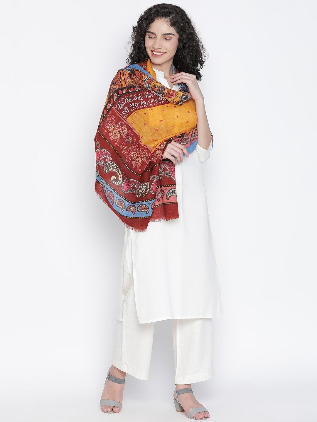 

SHINGORA Women Mustard Yellow Printed Wool Shawl