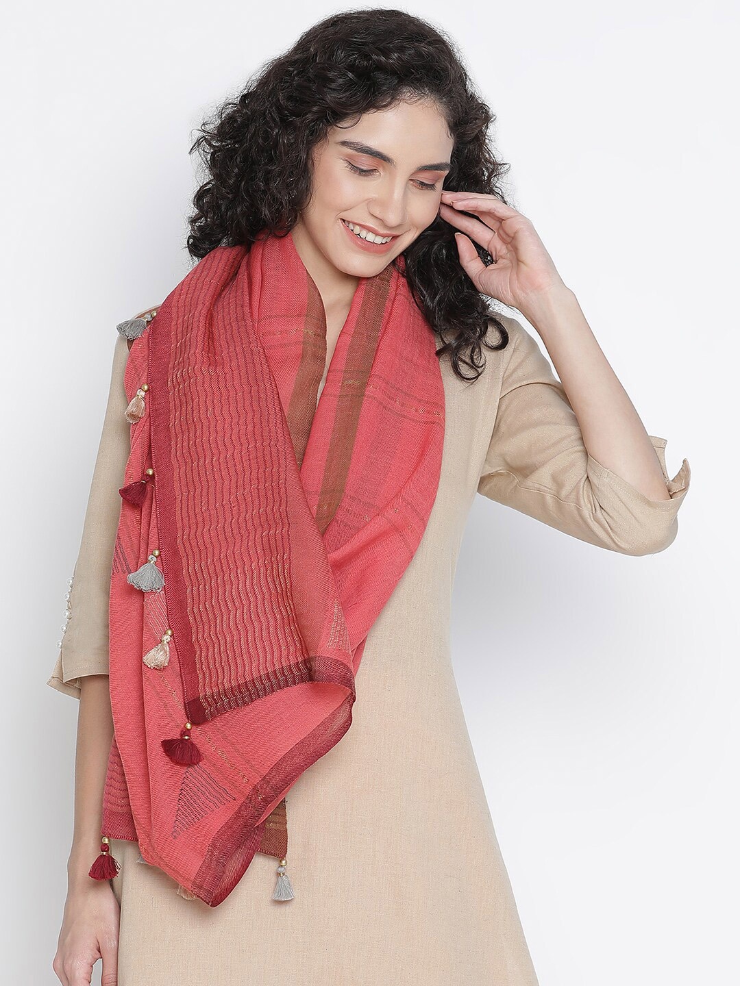 

SHINGORA Women Pink & Beige Striped Tassel Stole