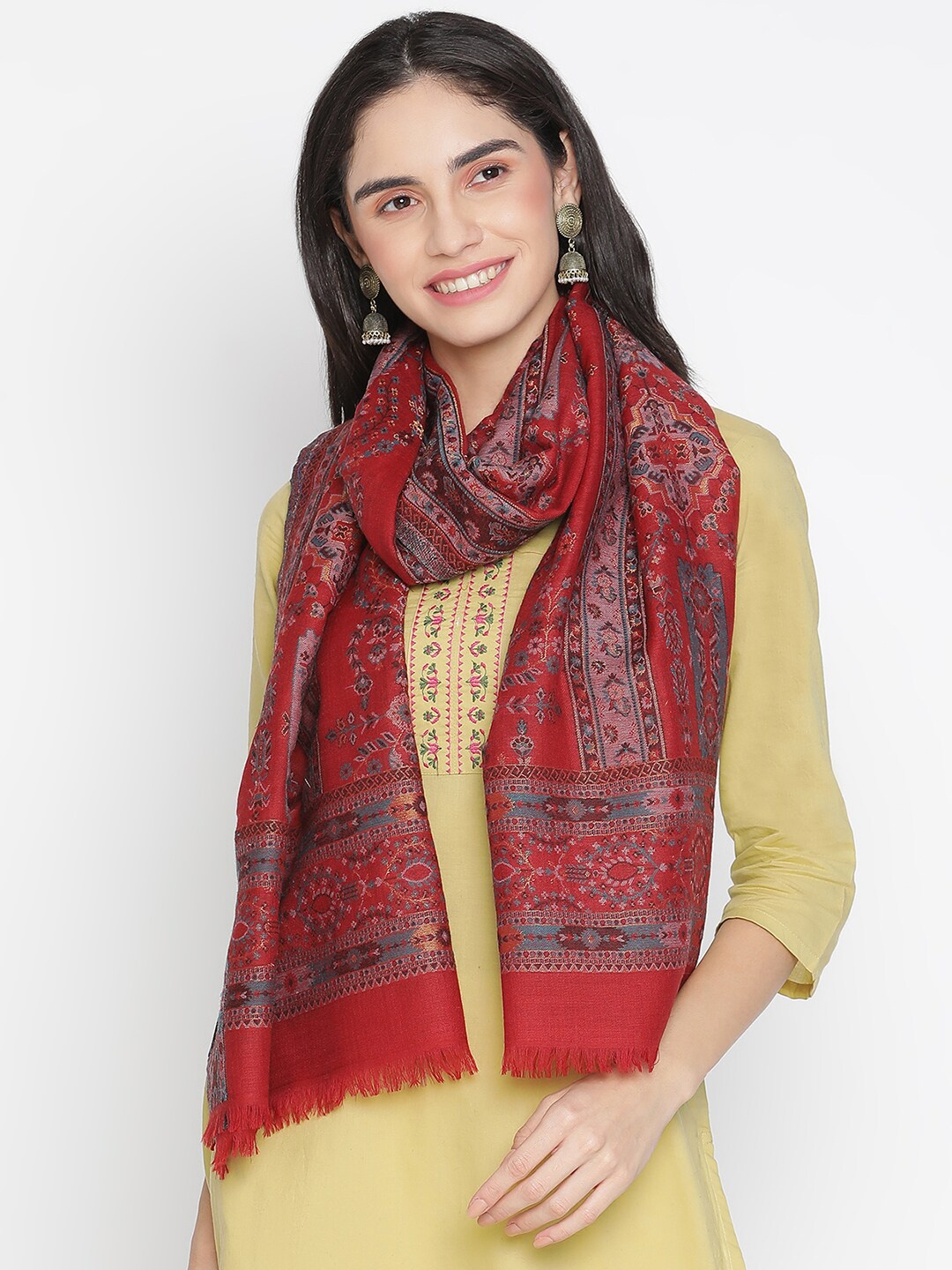 

SHINGORA Women Maroon & Grey Woven Design Fringed Stole