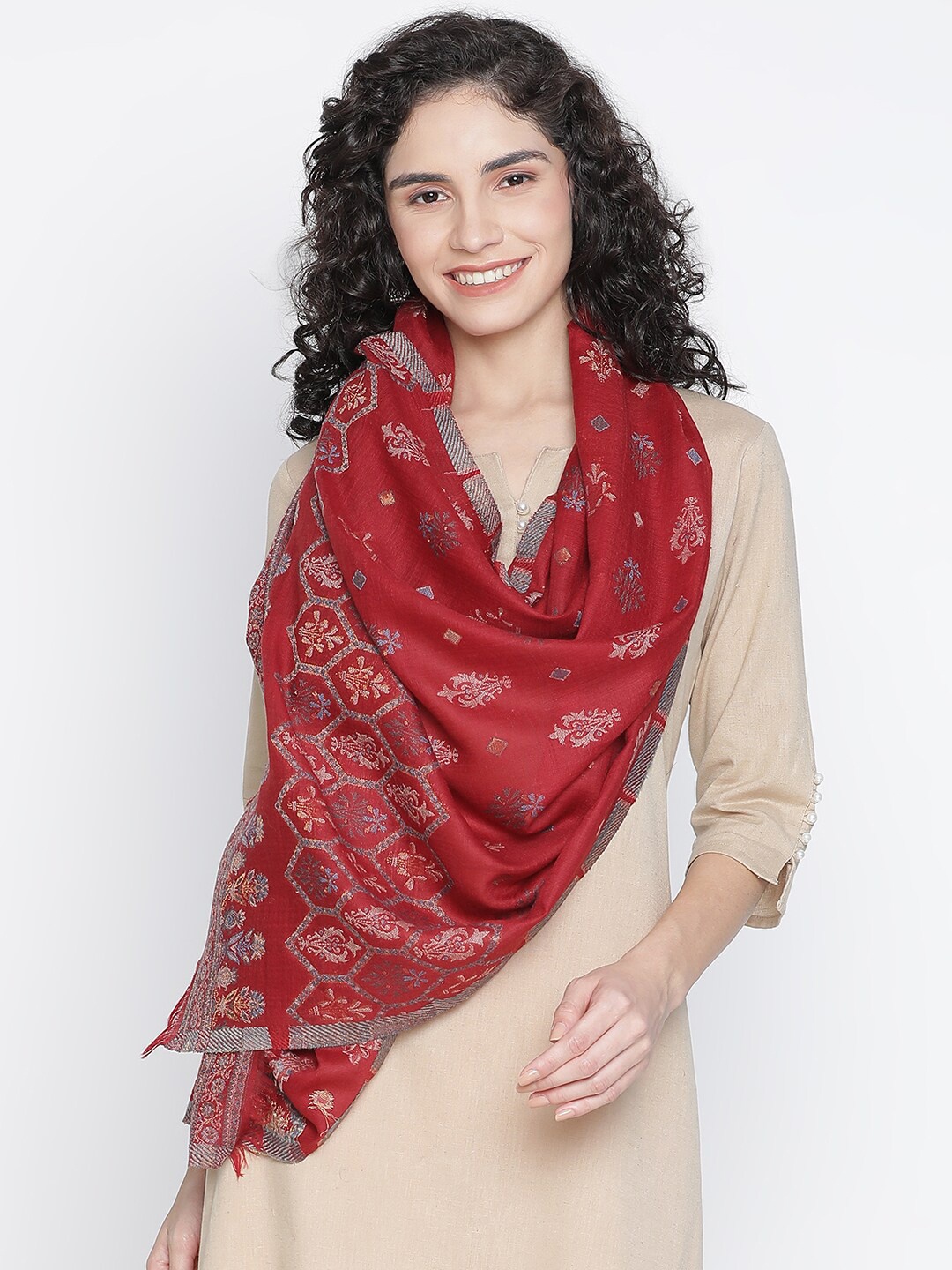 

SHINGORA Women Red & Blue Woven Design Fringed Stole