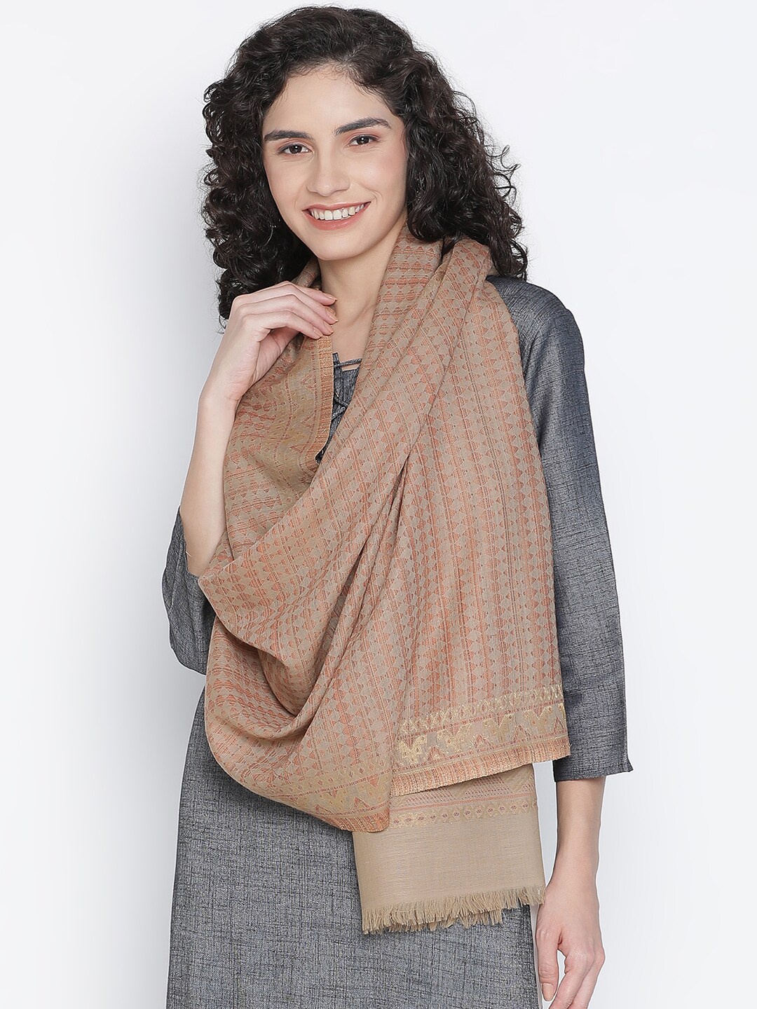 

SHINGORA Women Beige & Pink Woven Design Fringed Stole