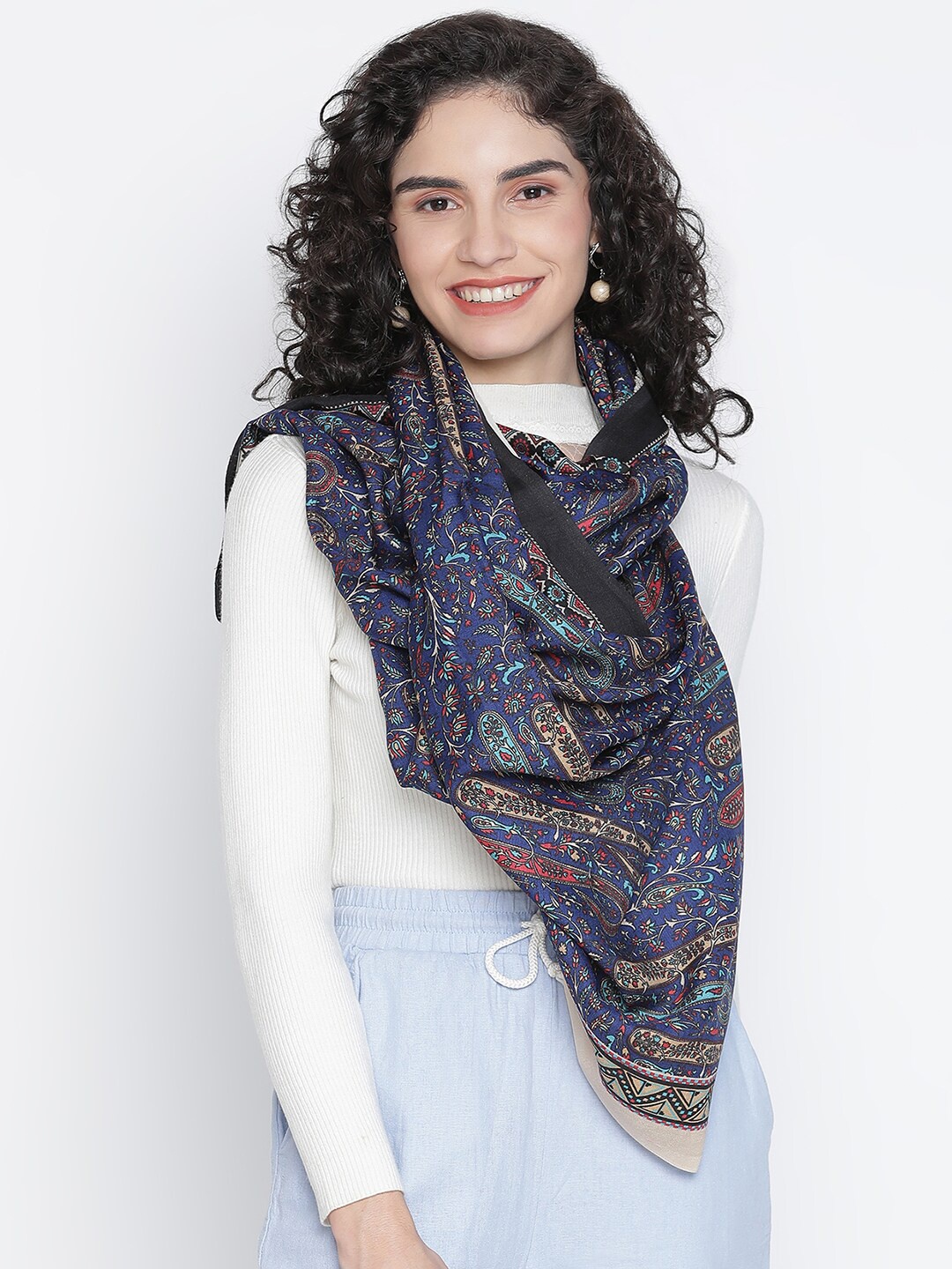 

SHINGORA Women Blue & Yellow Printed Fringed Stole