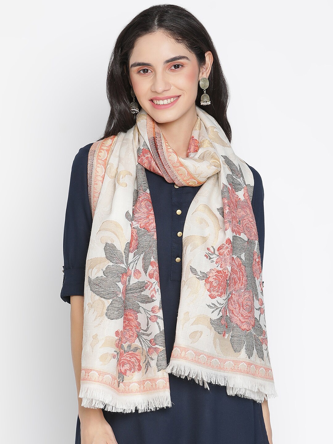

SHINGORA Women Off White & Red Woven Design Fringed Stole